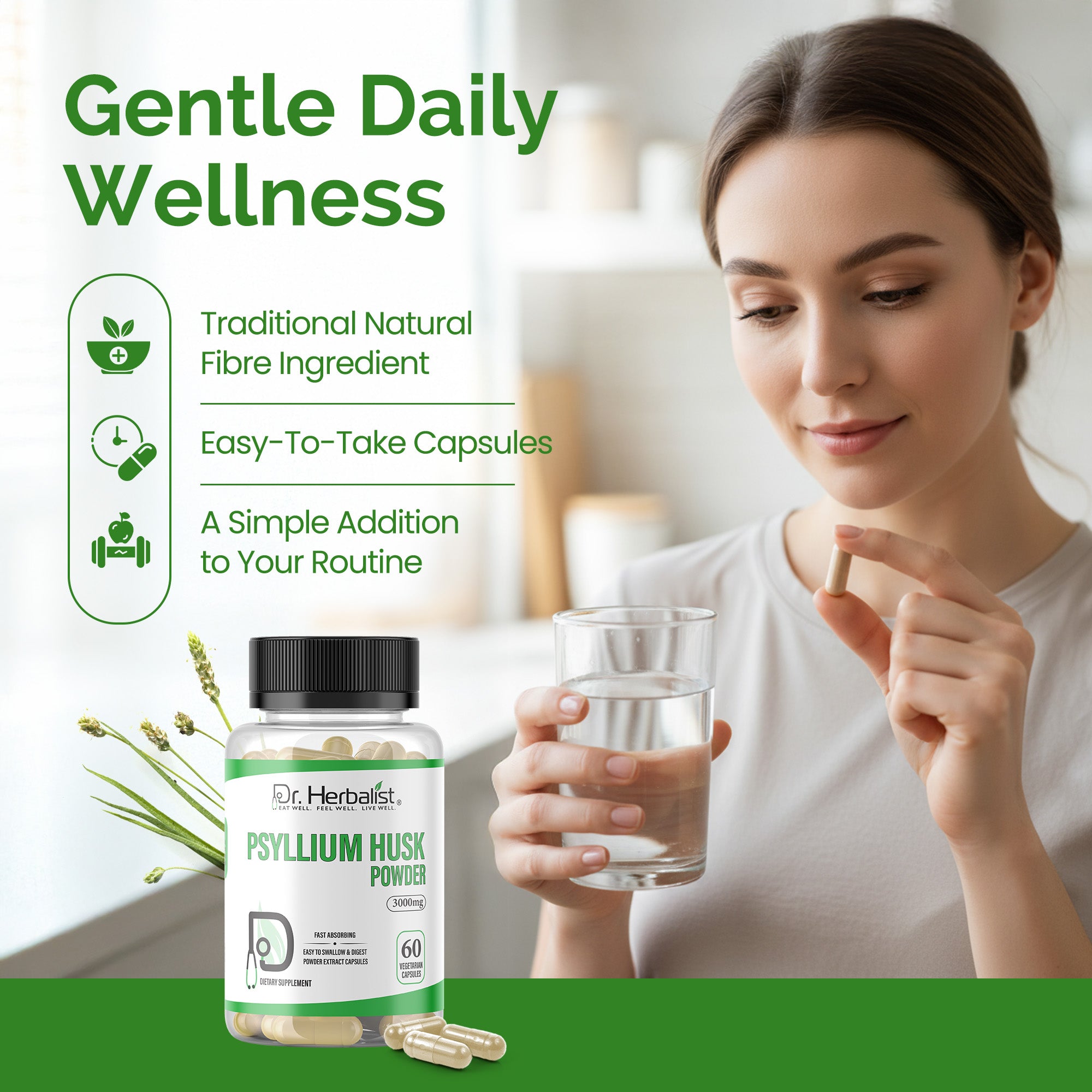 Dr. HERBALIST Psyllium Husk Extract Capsules - Plantago Ovata Soluble Fiber | Supports Digestive Regularity & Gut Wellness* | No Grit, No Mixing | Halal, Vegan | 60ct