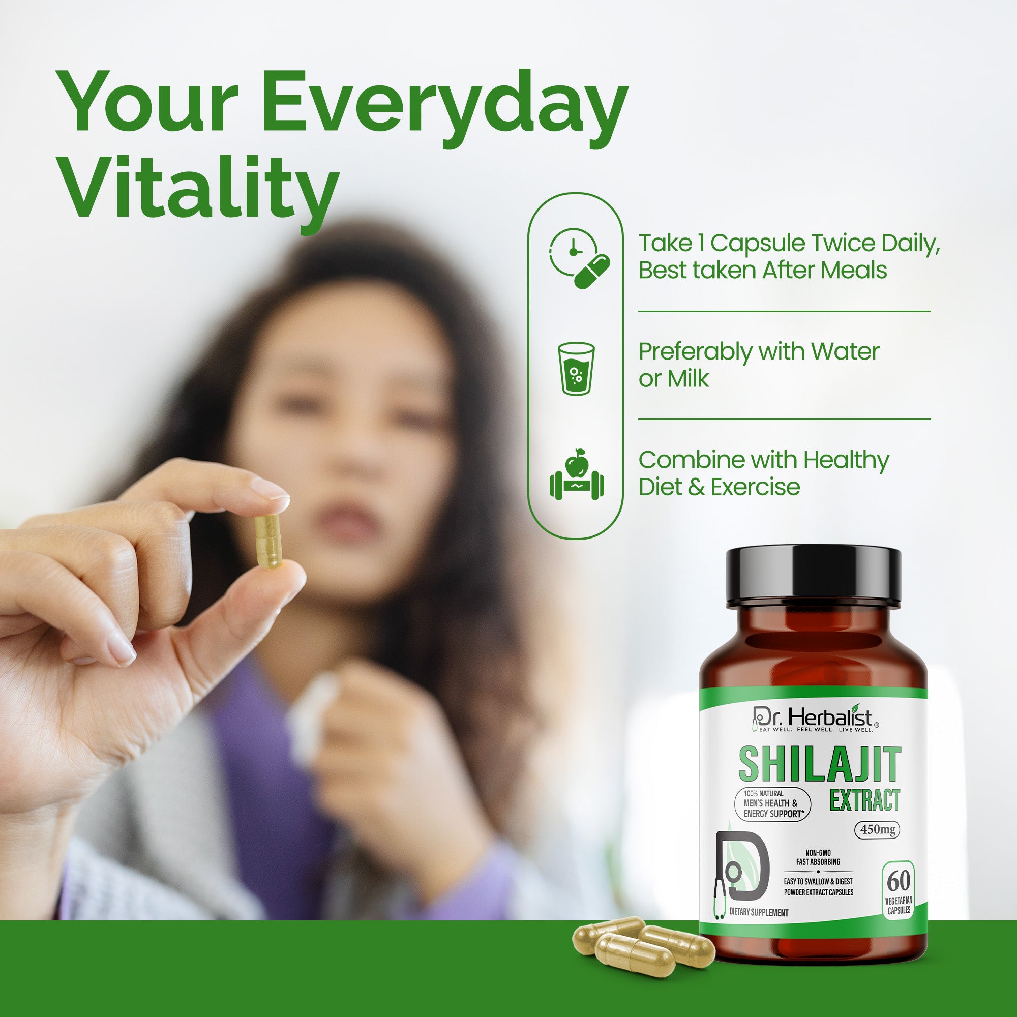 Dr. HERBALIST Shilajit Extract Capsules 450mg - Himalayan Mineral Resin with Fulvic Acid & 80+ Trace Minerals | Supports Energy Vitality & Stamina* | Halal, Vegan | 60ct