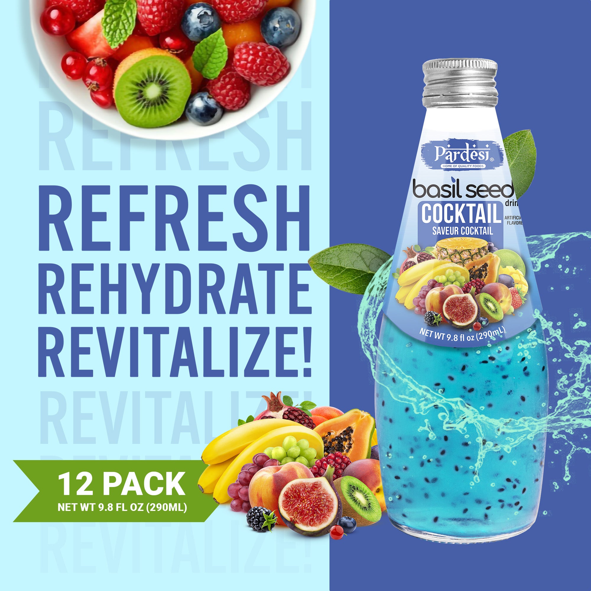 Pardesi Cocktail Flavor Basil Seed Drink 290mL — Refreshing Cocktail Flavor Beverage with Real Basil Seeds | Halal, Non-GMO, Vegan | Ready to Drink