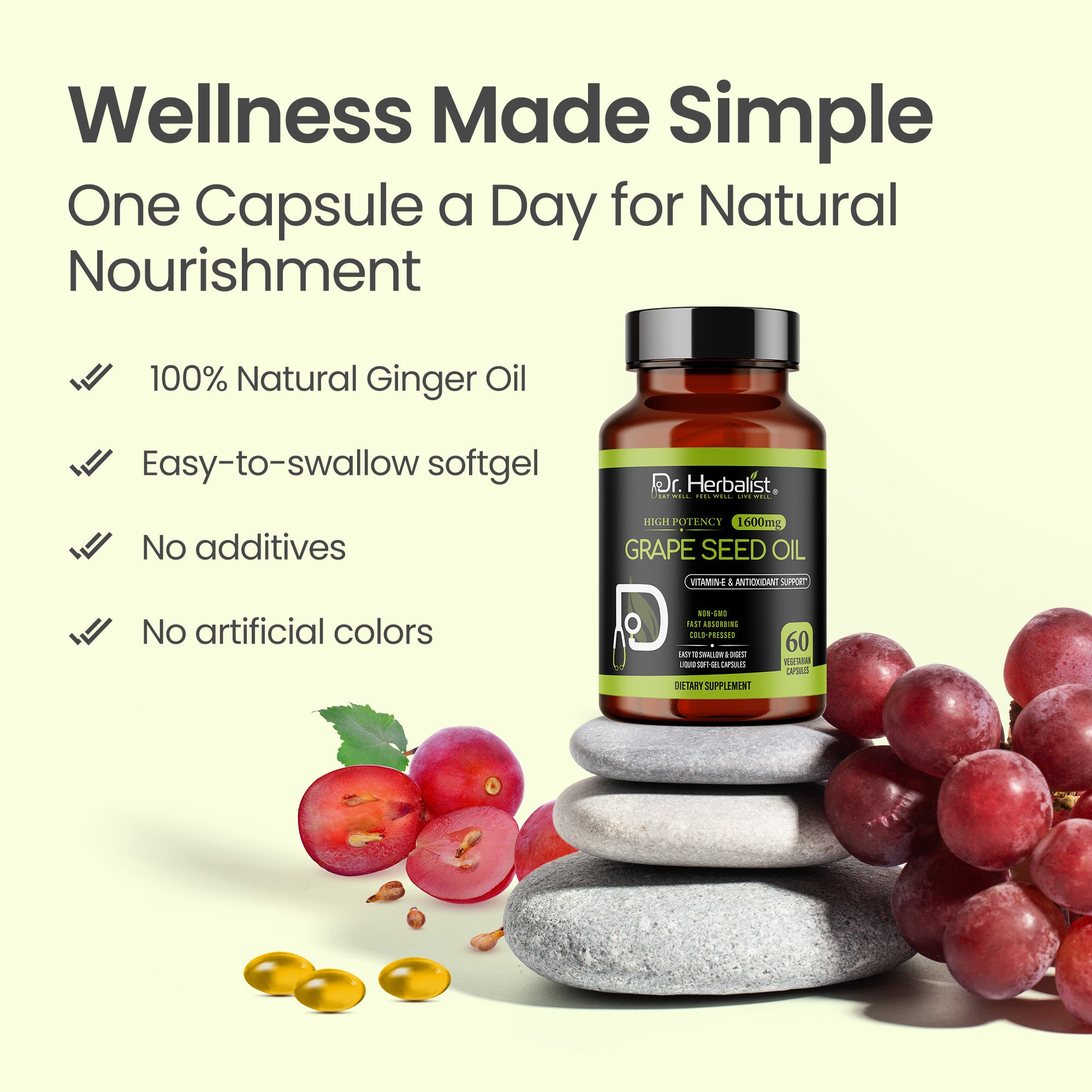 Dr Herbalist Grape Seed Oil 60 Capsules | Cold Pressed Extract | Rich in Antioxidants, Vitamin E & Omega-6 | Supports Heart, Skin, Hair & Immune Health | Herbal Supplement