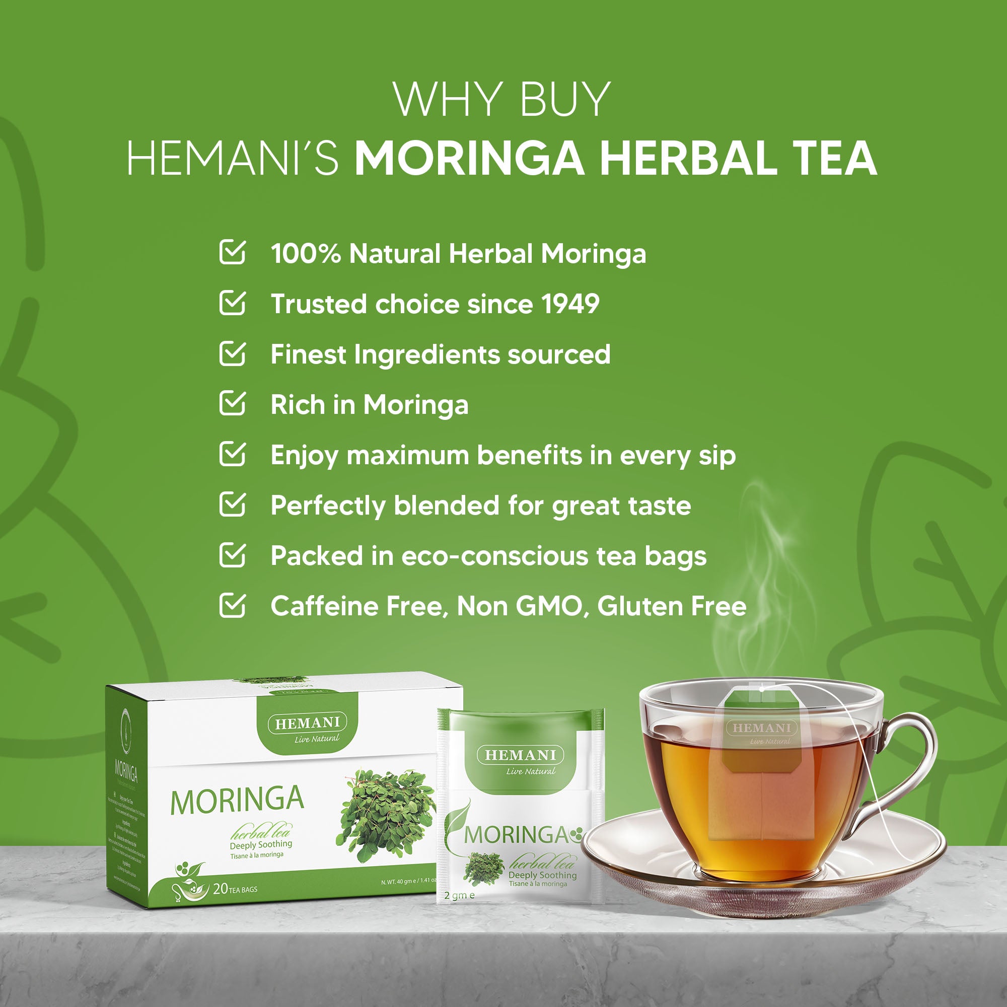 Hemani Moringa Leaf Tea - 20 Tea Bags, Halal Certified | 100% Natural Herbal Tea for Energy, Vitality & Wellness Support | Rich in Antioxidants & Nutrients | Caffeine-Free, Vegan-Friendly