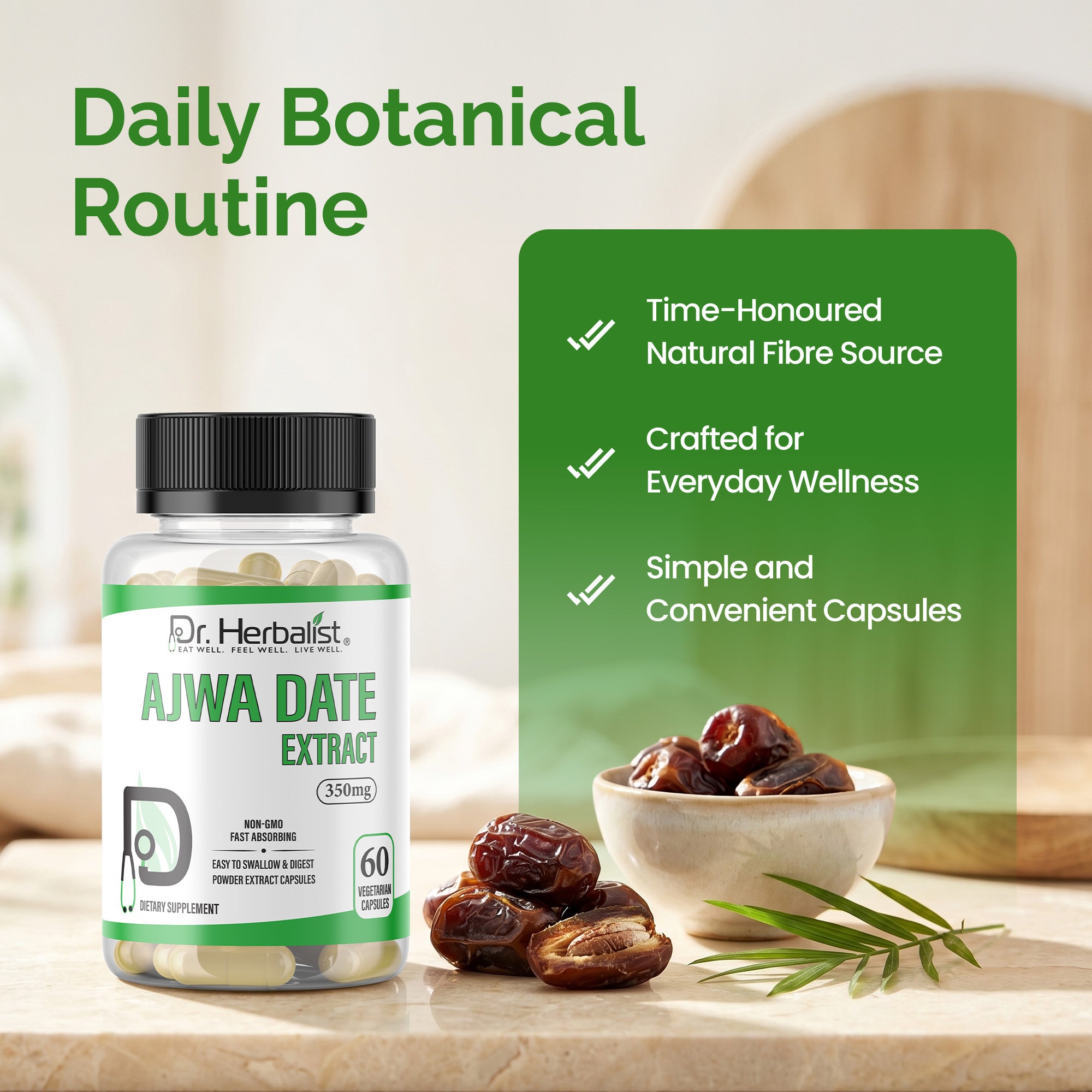 Dr. HERBALIST Ajwa Date Extract Capsules 350mg - Premium Phoenix Dactylifera from Madinah with Polyphenols & Flavonoids | Supports Heart Wellness & Nourishment* | Halal, Vegan | 60ct