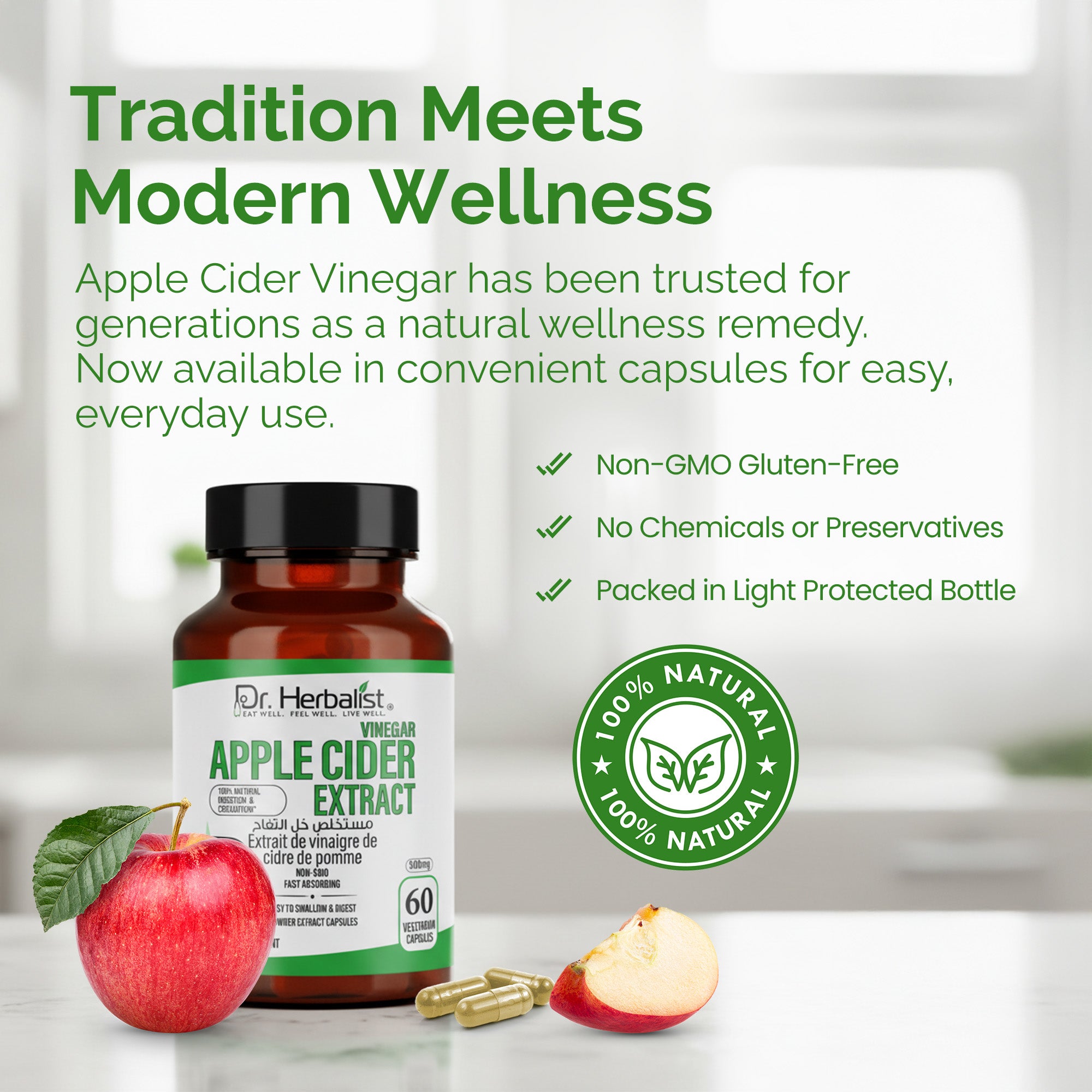 Dr. HERBALIST Apple Cider Vinegar Extract 500mg Capsules – Herbal Supplement for Daily Wellness Support | 60 Capsules