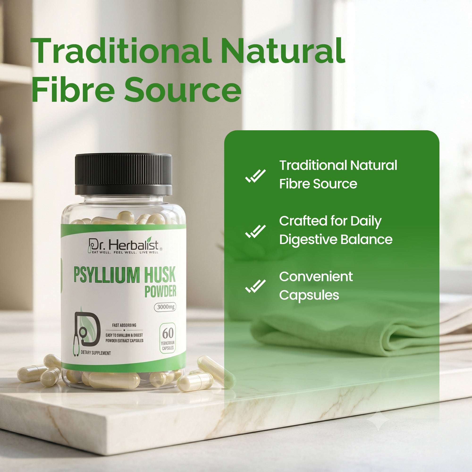 Dr. HERBALIST Psyllium Husk Extract Capsules - Plantago Ovata Soluble Fiber | Supports Digestive Regularity & Gut Wellness* | No Grit, No Mixing | Halal, Vegan | 60ct