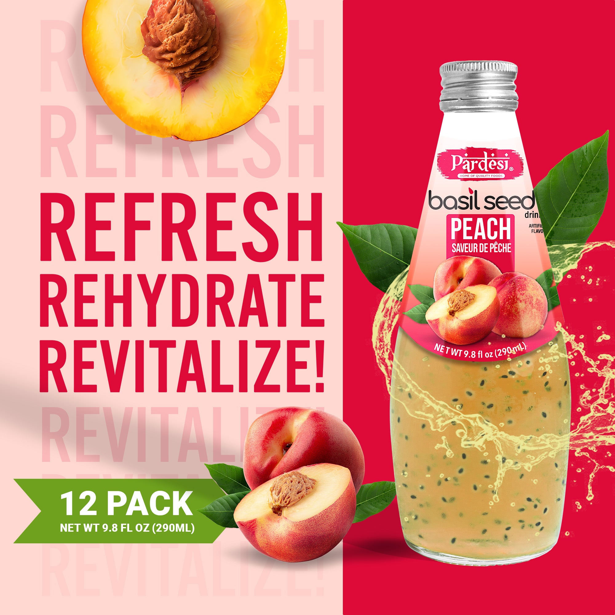 Pardesi Basil Seed Drink Peach Flavor  290ml 9.8 Fl Oz | Pack of 12 (117.6 FL Oz ) | Naturally Refreshing & Cooling | Rich in Antioxidants, Fiber & Omega-3 | Real Basil Seeds for Digestive Health & Hydration.