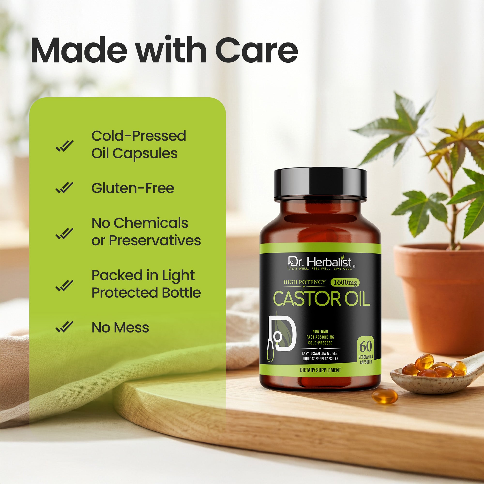 Dr. HERBALIST Castor Oil Capsules 1600mg - Cold Pressed Ricinus Communis Softgels | Supports Digestive Wellness & Hair Skin Vitality* | Halal, Non-GMO, Vegan | 60ct