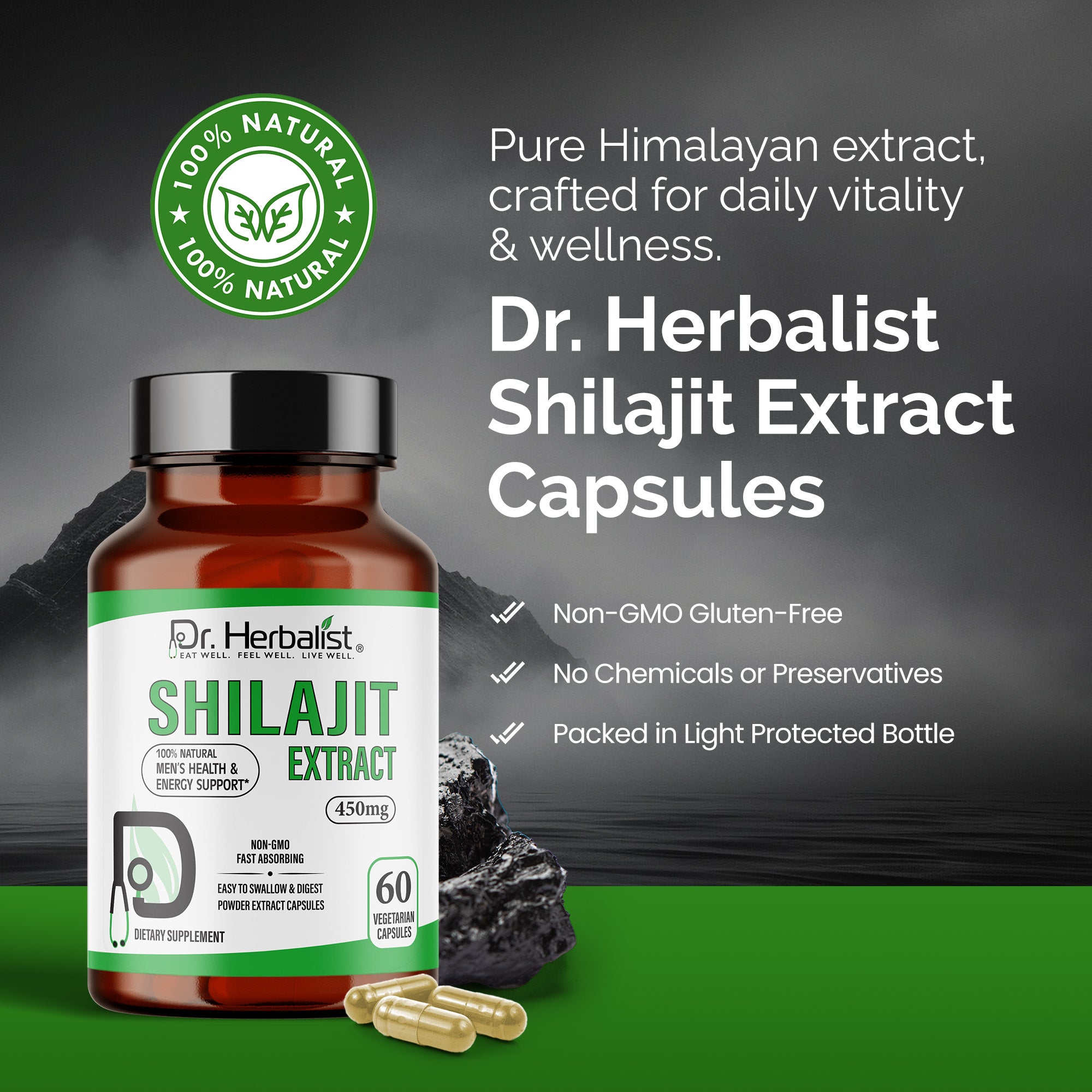 Dr. HERBALIST Shilajit Extract Capsules 450mg - Himalayan Mineral Resin with Fulvic Acid & 80+ Trace Minerals | Supports Energy Vitality & Stamina* | Halal, Vegan | 60ct