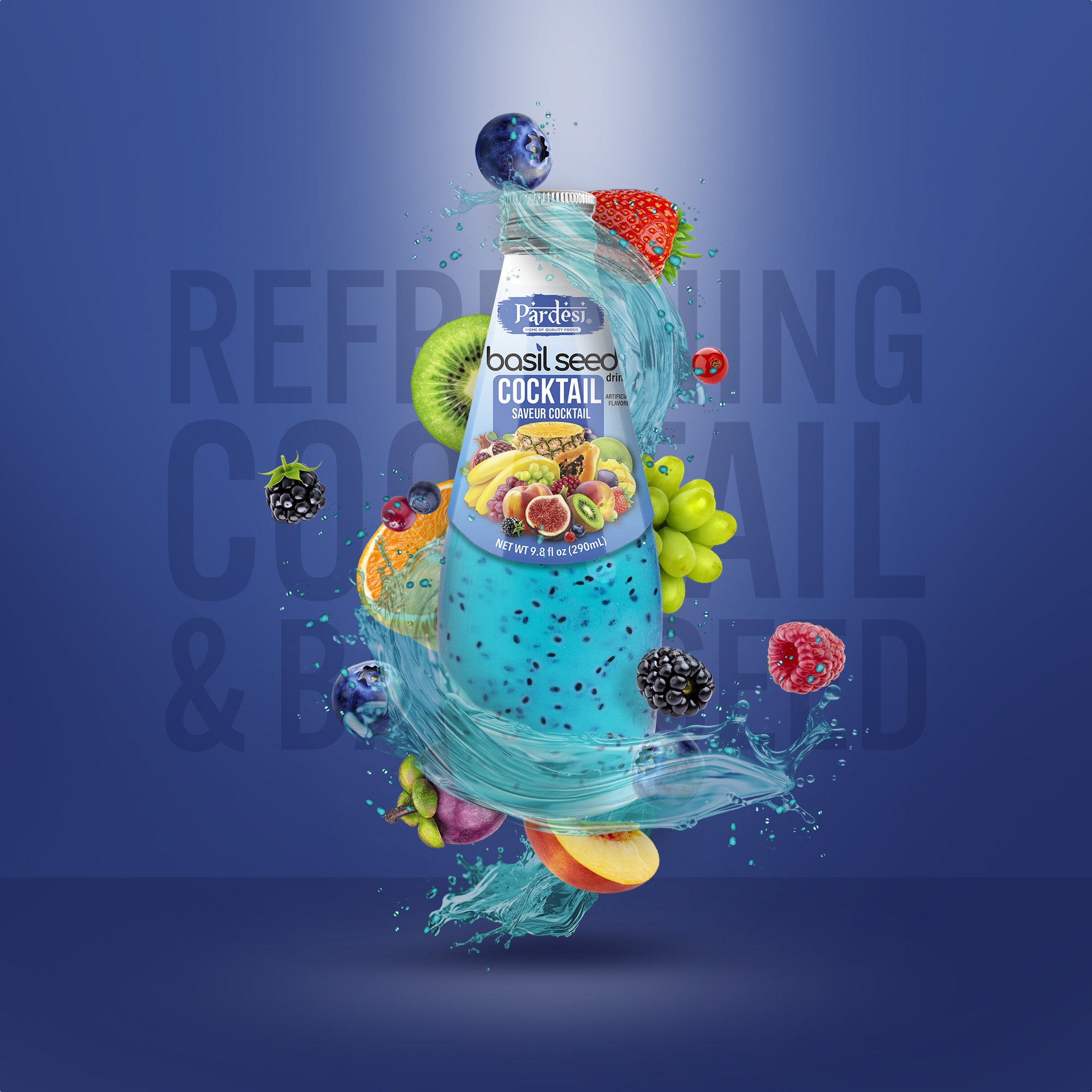 Pardesi Cocktail Flavor Basil Seed Drink 290mL — Refreshing Cocktail Flavor Beverage with Real Basil Seeds | Halal, Non-GMO, Vegan | Ready to Drink