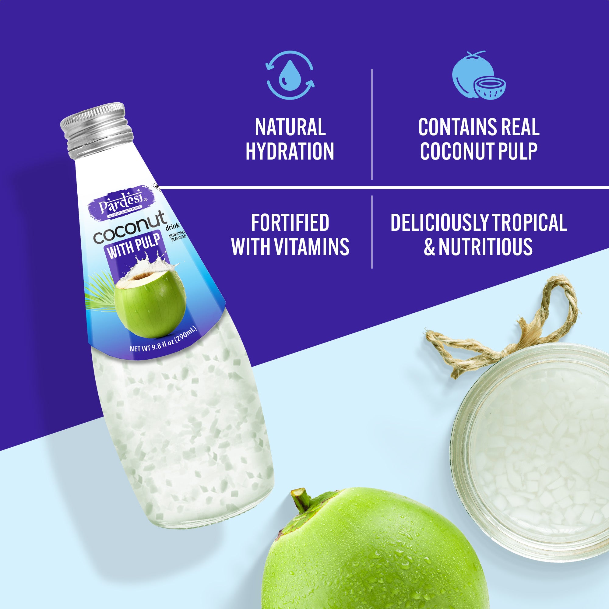 Pardesi Coconut with Pulp Basil Seed Drink 290mL - Refreshing Coconut with Pulp Beverage with Real Basil Seeds | Halal, Non-GMO, Vegan | Ready to Drink