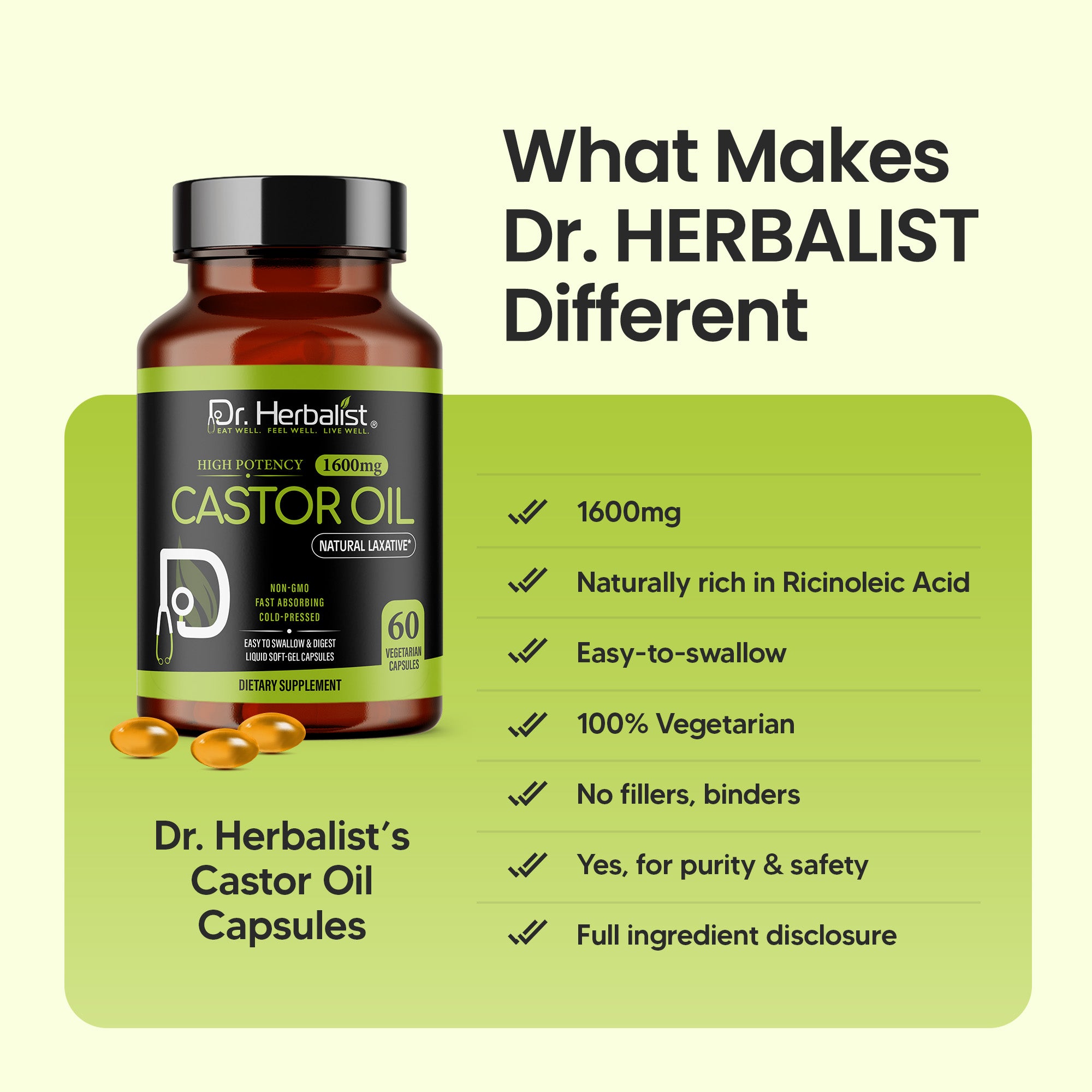 Dr. HERBALIST Castor Oil Capsules 1600mg - Cold Pressed Ricinus Communis Softgels | Supports Digestive Wellness & Hair Skin Vitality* | Halal, Non-GMO, Vegan | 60ct