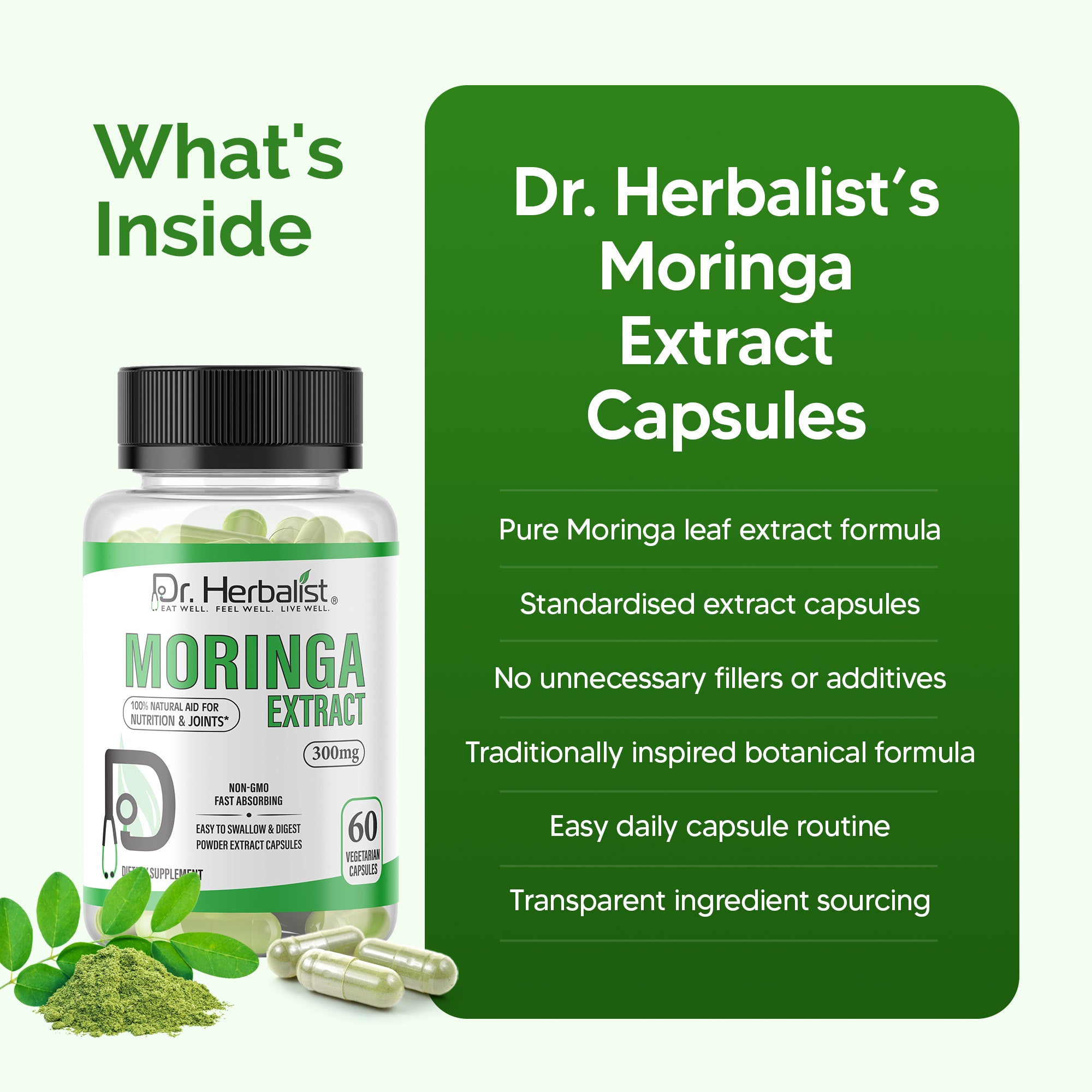 Dr. HERBALIST Moringa Extract Capsules 300mg - Moringa Oleifera Leaf Extract | Supports Daily Nutrition Antioxidant Wellness & Energy* | Halal, Vegan | 60ct