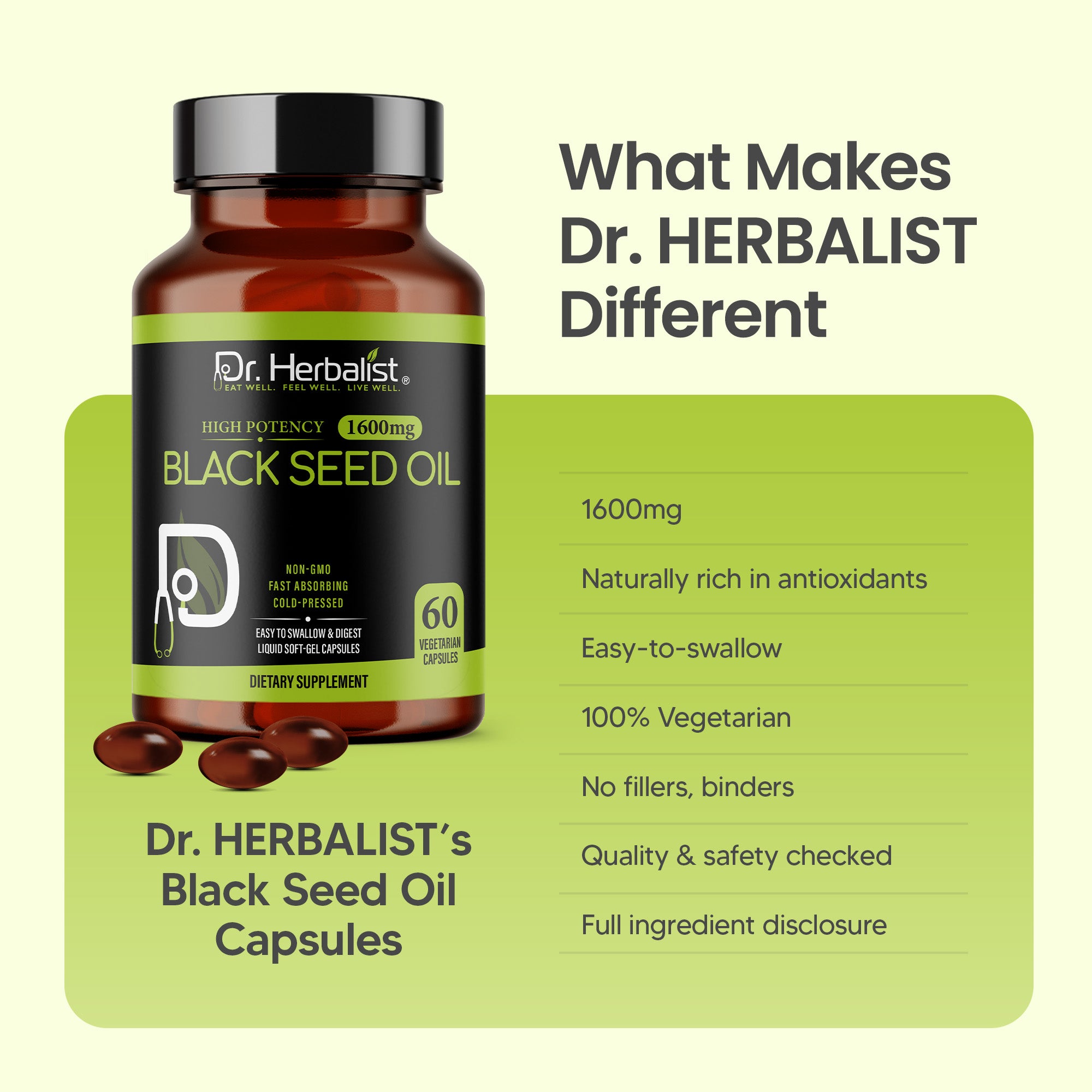 Dr. HERBALIST Black Seed Oil Capsules 1600mg - Cold Pressed Nigella Sativa Softgels with Thymoquinone | Supports Overall Wellness & Immune Vitality* | Halal, Non-GMO | 60ct
