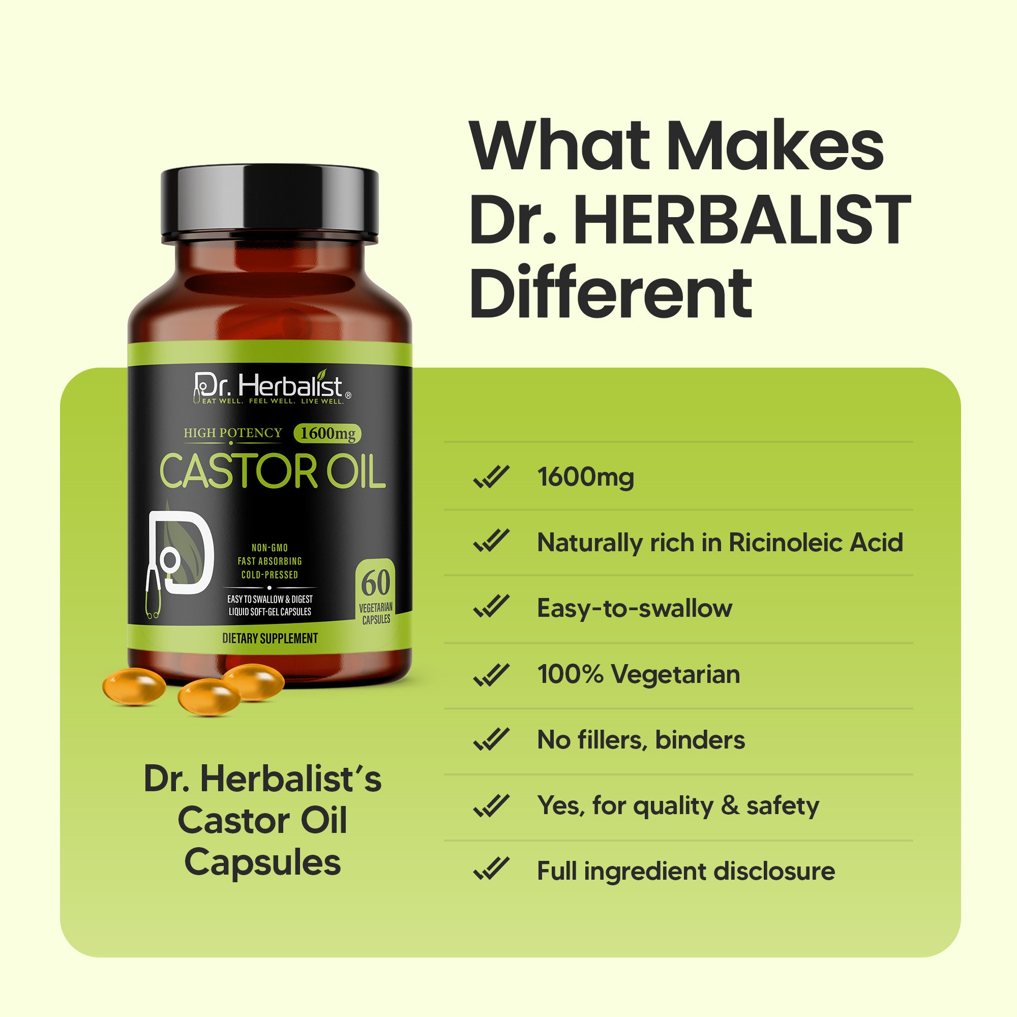 Dr. HERBALIST Castor Oil Capsules 1600mg - Cold Pressed Ricinus Communis Softgels | Supports Digestive Wellness & Hair Skin Vitality* | Halal, Non-GMO, Vegan | 60ct