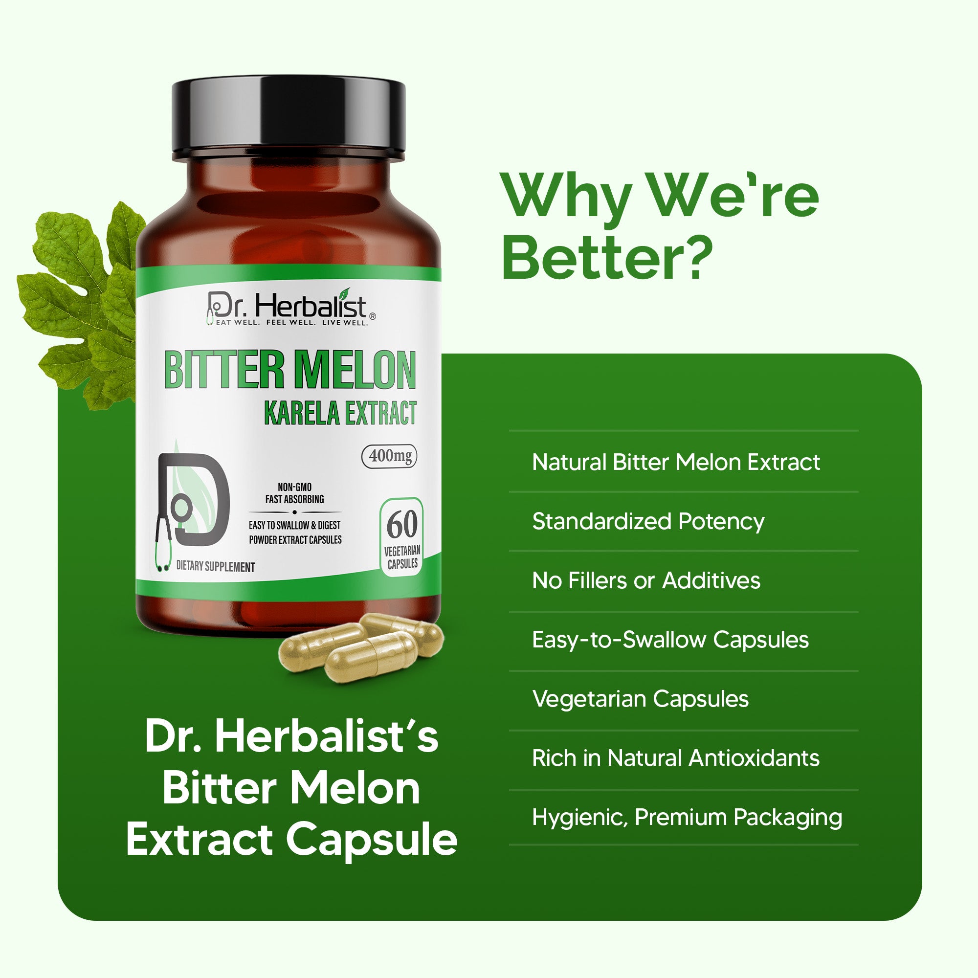 Dr. HERBALIST Bitter Melon Extract Capsules - 400mg, 60 Count | Boosts Immunity, Energy & Vitality | Supports Digestion & Blood Sugar Levels. (Equivalent to 4000mg Bitter Melon Powder)