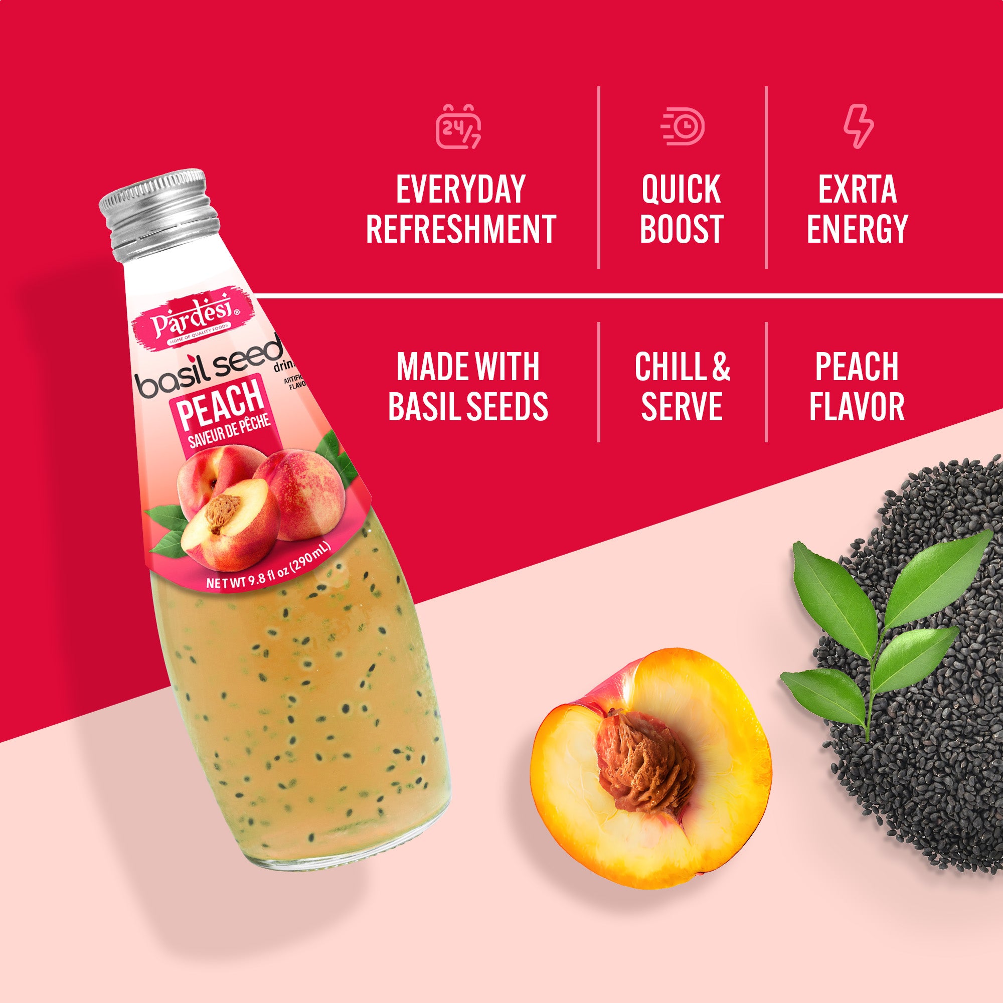 Pardesi Basil Seed Drink Peach Flavor  290ml 9.8 Fl Oz | Pack of 12 (117.6 FL Oz ) | Naturally Refreshing & Cooling | Rich in Antioxidants, Fiber & Omega-3 | Real Basil Seeds for Digestive Health & Hydration.