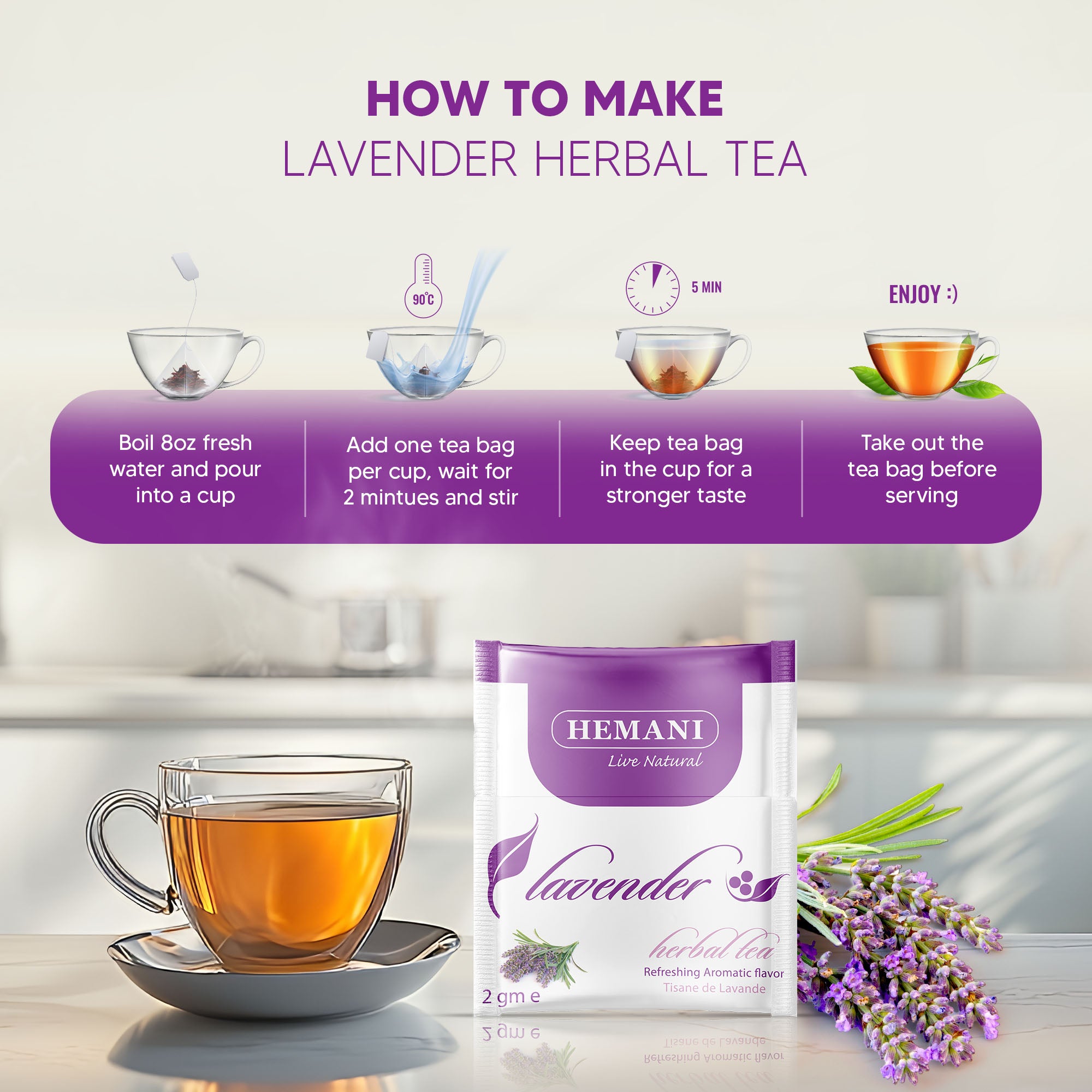 Hemani Lavender Tea - Lavandula Angustifolia (20 Tea Bags) - Soothing Herbal Bliss for Relaxation, Calm & Mindful Serenity, Natural Tranquility, Expertly Crafted for Self-Care.