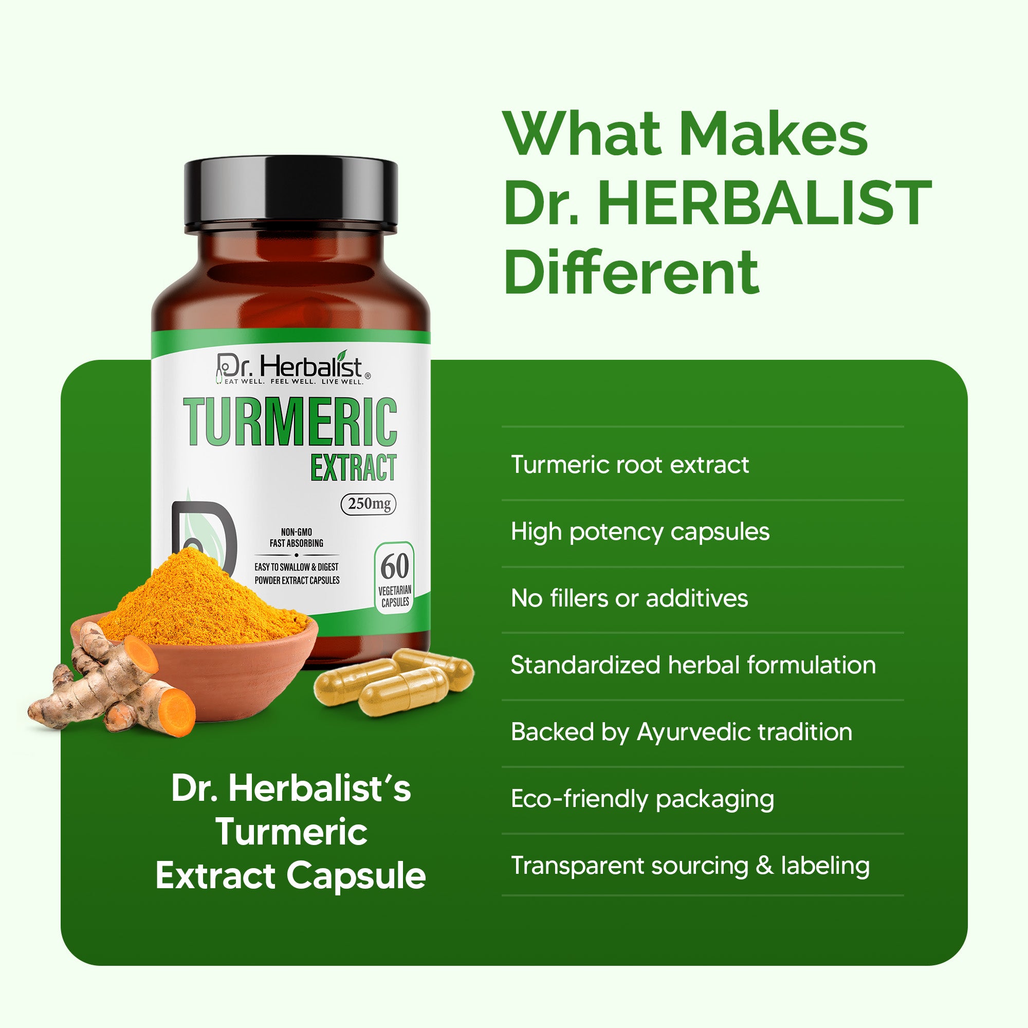 Dr. HERBALIST Turmeric Extract Capsules 250mg - Curcuma Longa Curcuminoid Concentrate | Supports Joint Comfort & Antioxidant Wellness* | Halal, Vegan | 60ct