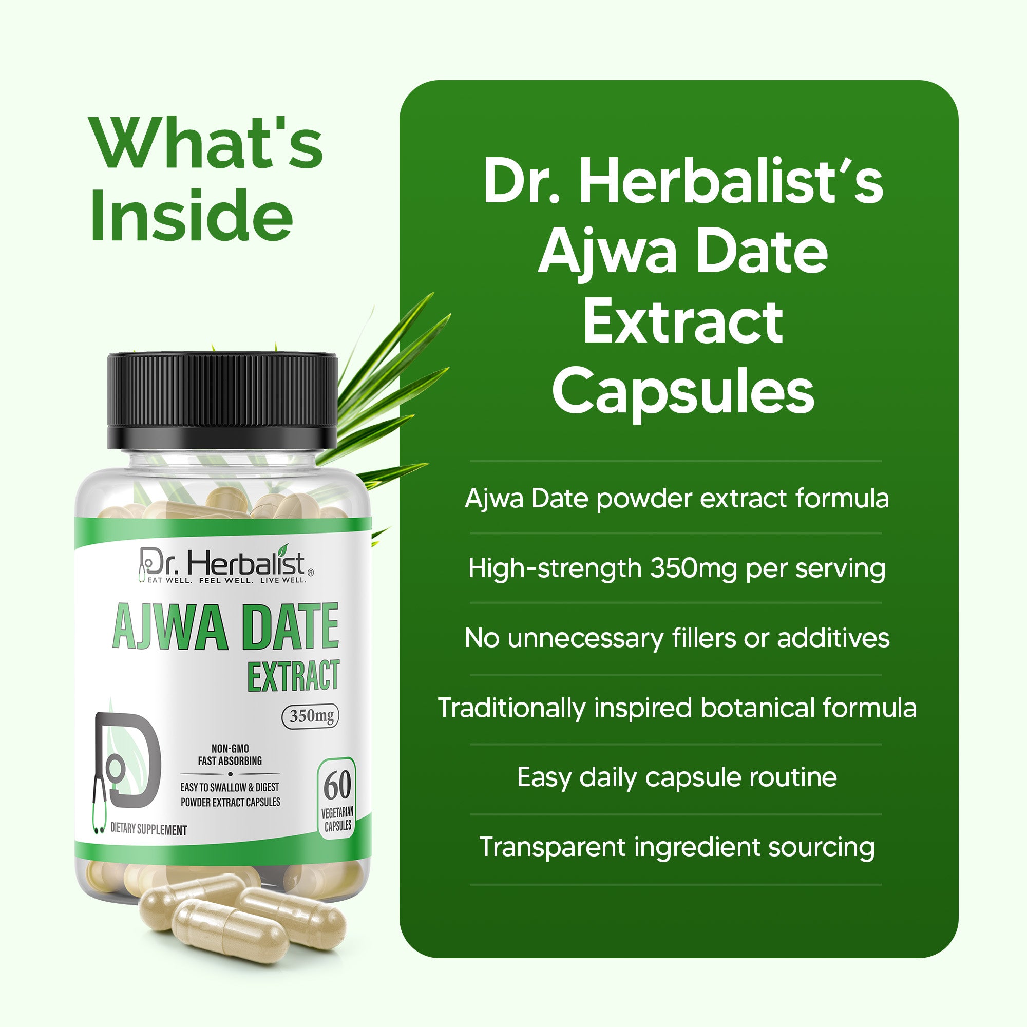Dr. HERBALIST Ajwa Date Extract Capsules 350mg - Premium Phoenix Dactylifera from Madinah with Polyphenols & Flavonoids | Supports Heart Wellness & Nourishment* | Halal, Vegan | 60ct