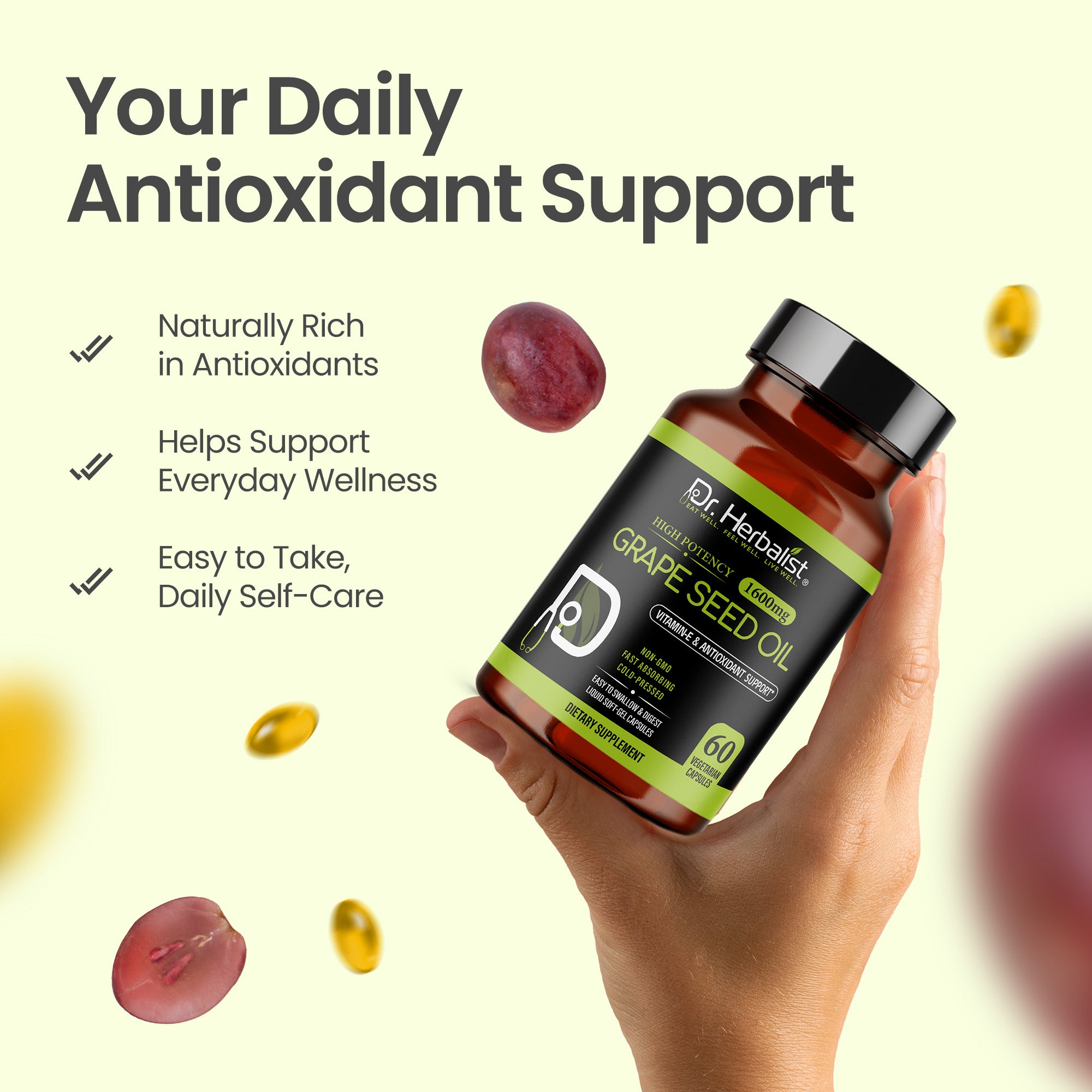Dr Herbalist Grape Seed Oil 60 Capsules | Cold Pressed Extract | Rich in Antioxidants, Vitamin E & Omega-6 | Supports Heart, Skin, Hair & Immune Health | Herbal Supplement