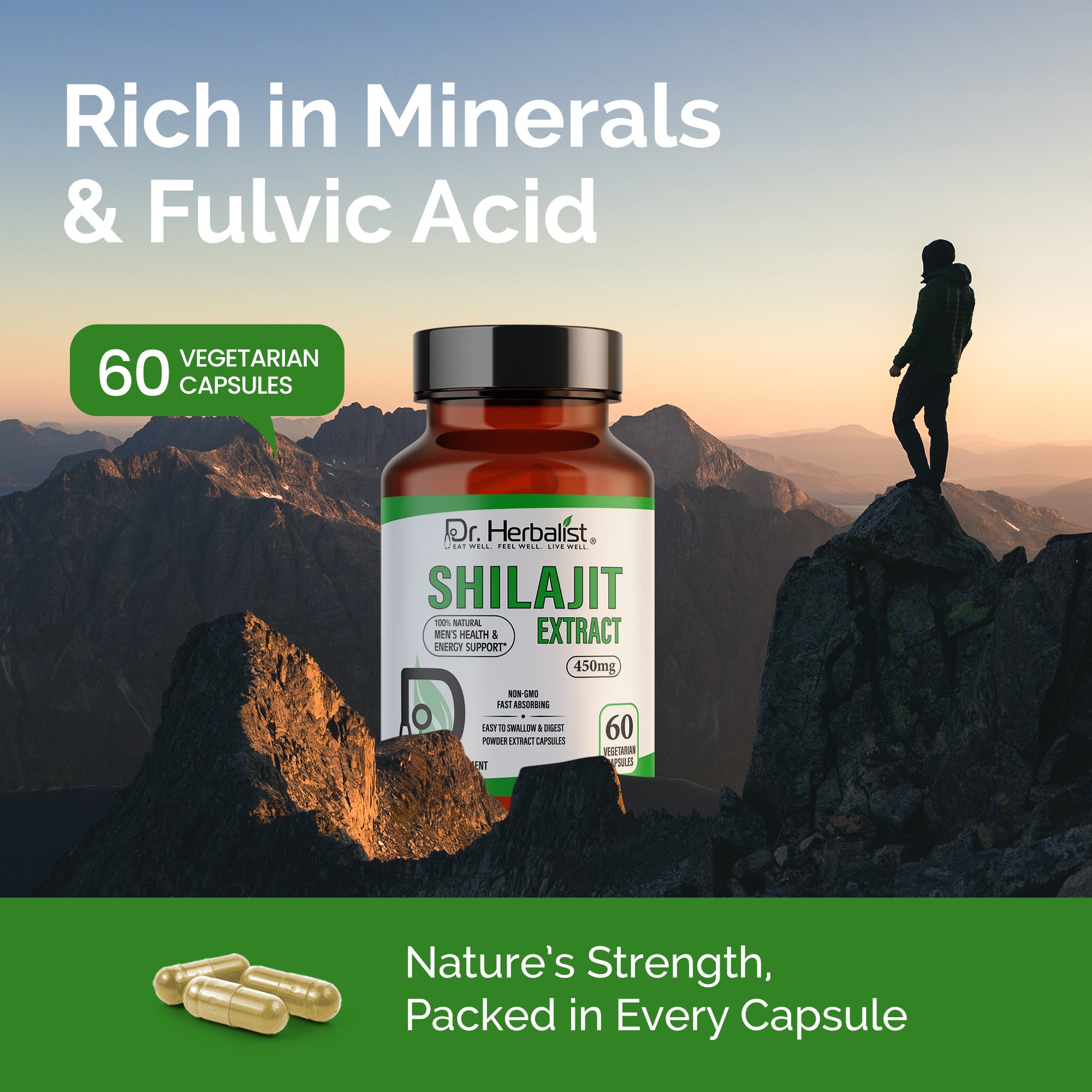 Dr. HERBALIST Shilajit Extract Capsules 450mg - Himalayan Mineral Resin with Fulvic Acid & 80+ Trace Minerals | Supports Energy Vitality & Stamina* | Halal, Vegan | 60ct