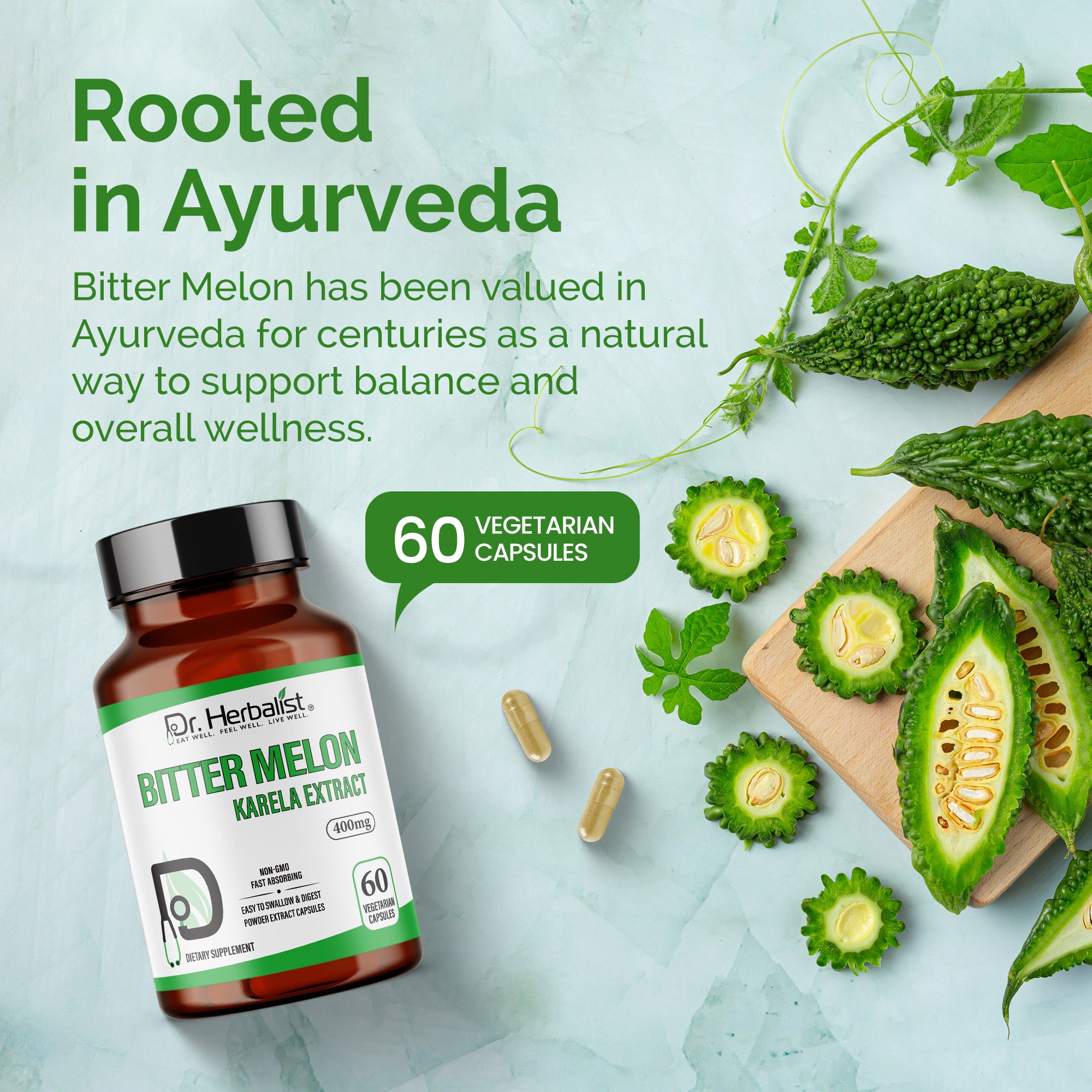 Dr. HERBALIST Bitter Melon Extract Capsules - 400mg, 60 Count | Boosts Immunity, Energy & Vitality | Supports Digestion & Blood Sugar Levels. (Equivalent to 4000mg Bitter Melon Powder)