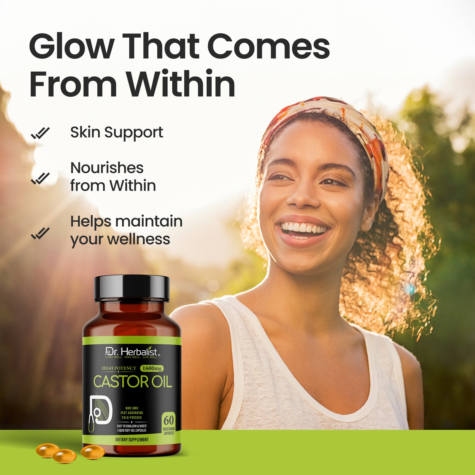 Dr. HERBALIST Castor Oil Capsules 1600mg - Cold Pressed Ricinus Communis Softgels | Supports Digestive Wellness & Hair Skin Vitality* | Halal, Non-GMO, Vegan | 60ct