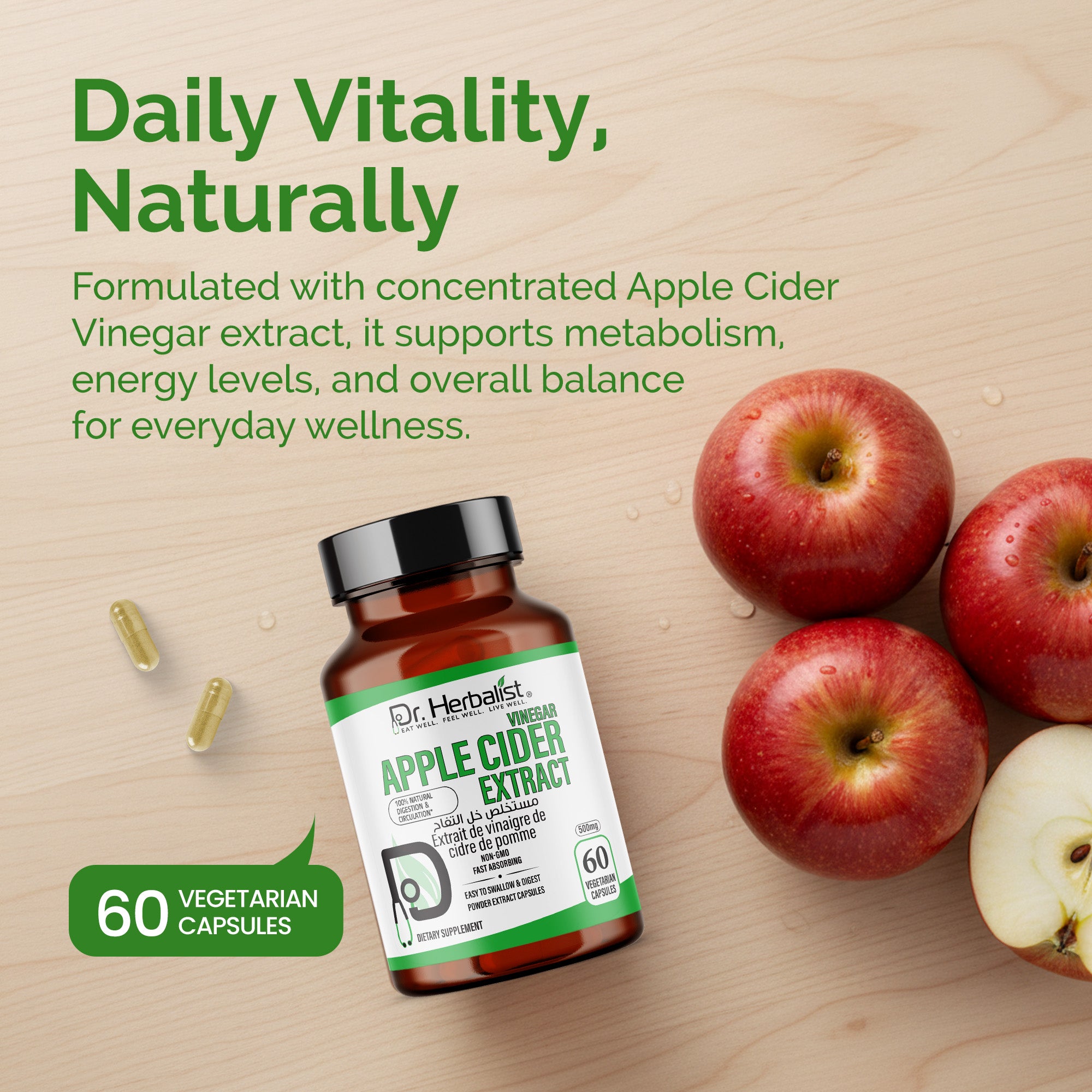 Dr. HERBALIST Apple Cider Vinegar Extract 500mg Capsules – Herbal Supplement for Daily Wellness Support | 60 Capsules