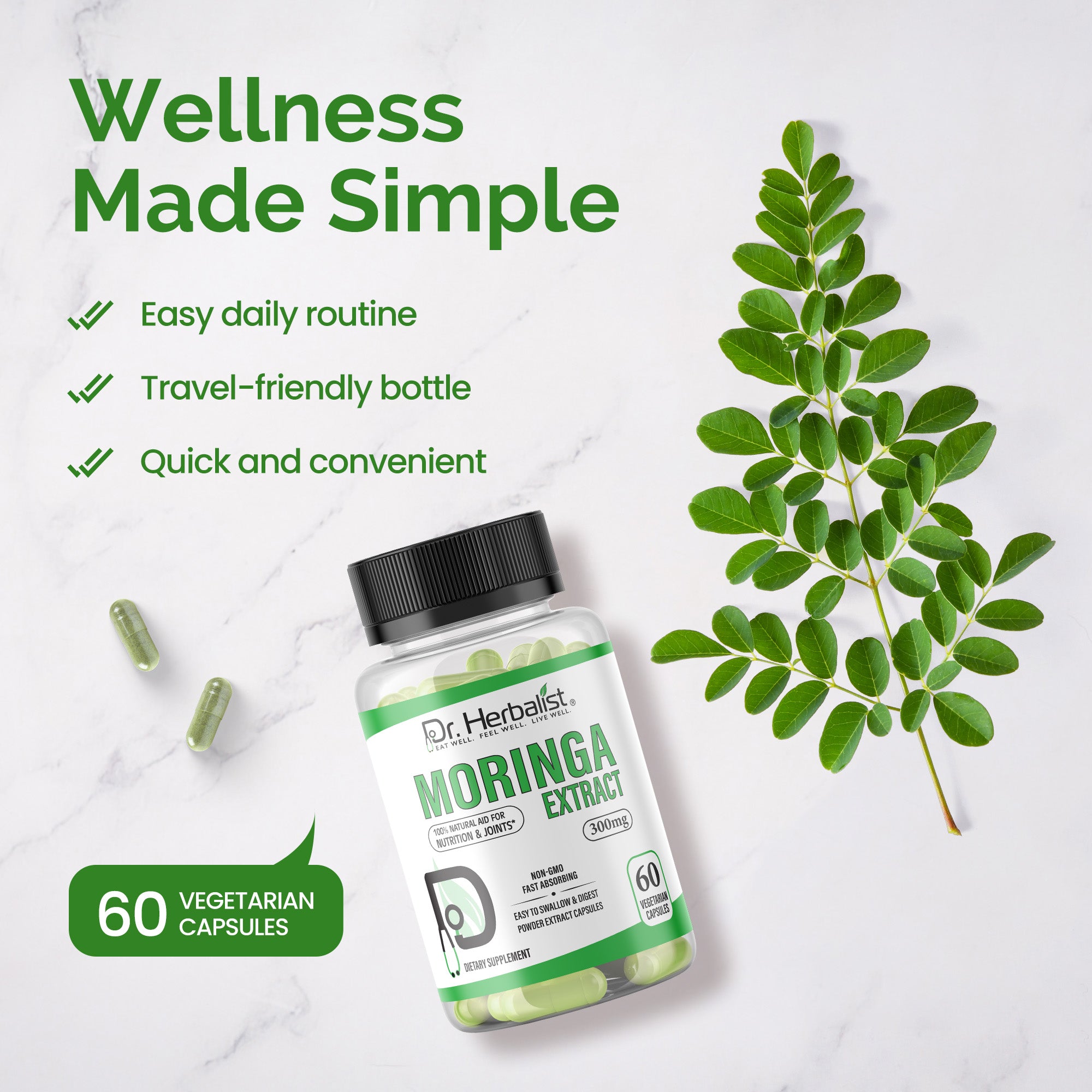 Dr. HERBALIST Moringa Extract Capsules 300mg - Moringa Oleifera Leaf Extract | Supports Daily Nutrition Antioxidant Wellness & Energy* | Halal, Vegan | 60ct