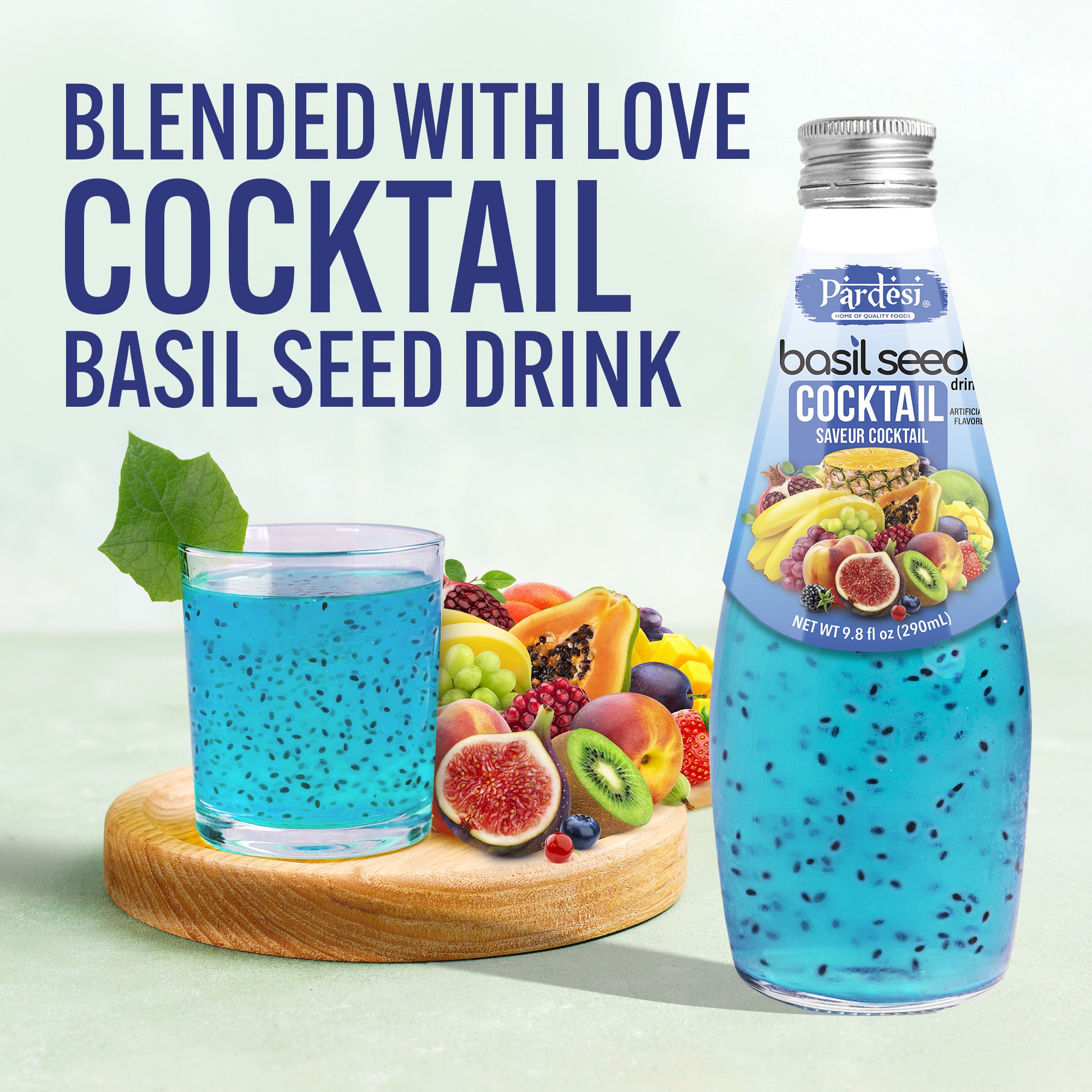 Pardesi Cocktail Flavor Basil Seed Drink 290mL — Refreshing Cocktail Flavor Beverage with Real Basil Seeds | Halal, Non-GMO, Vegan | Ready to Drink