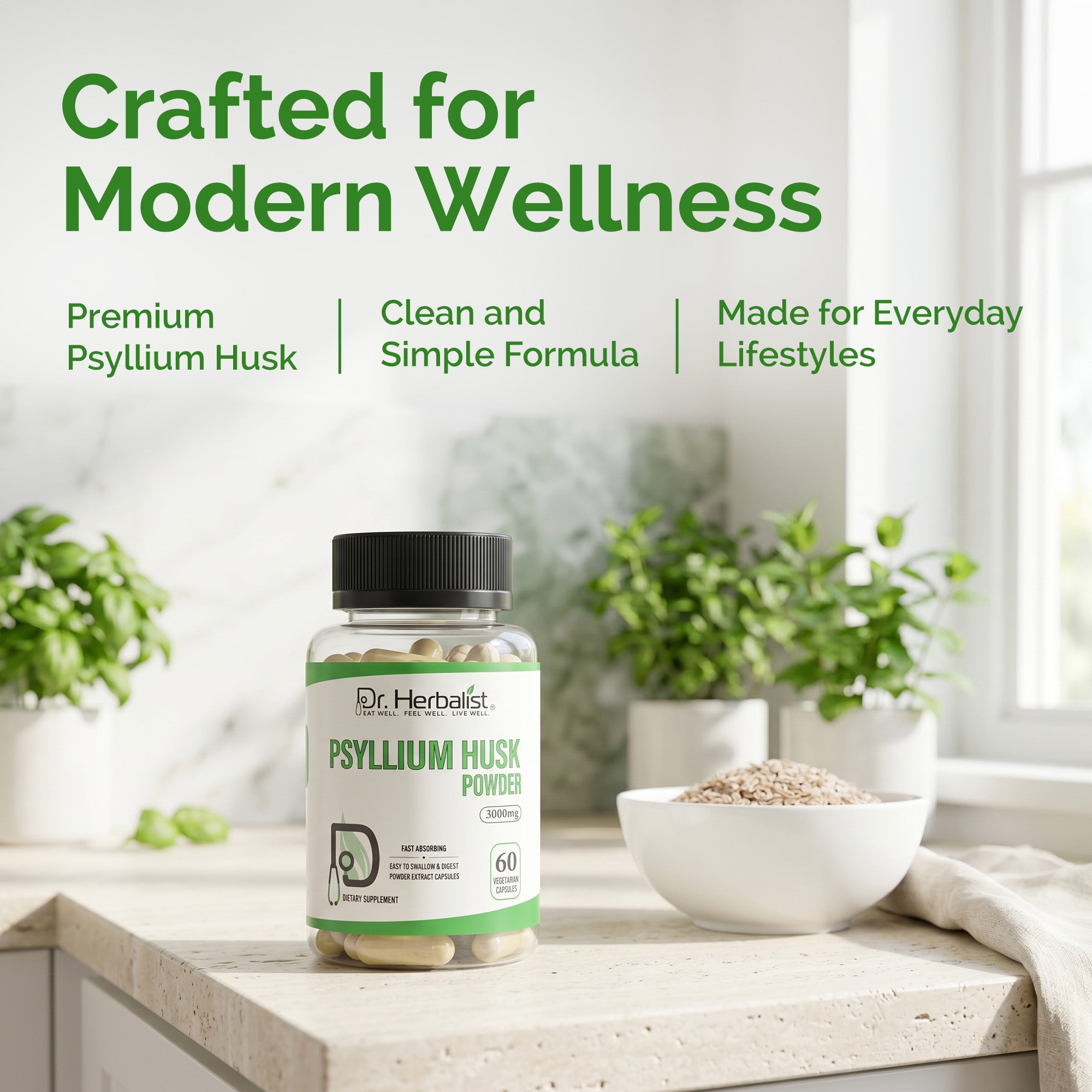 Dr. HERBALIST Psyllium Husk Extract Capsules - Plantago Ovata Soluble Fiber | Supports Digestive Regularity & Gut Wellness* | No Grit, No Mixing | Halal, Vegan | 60ct