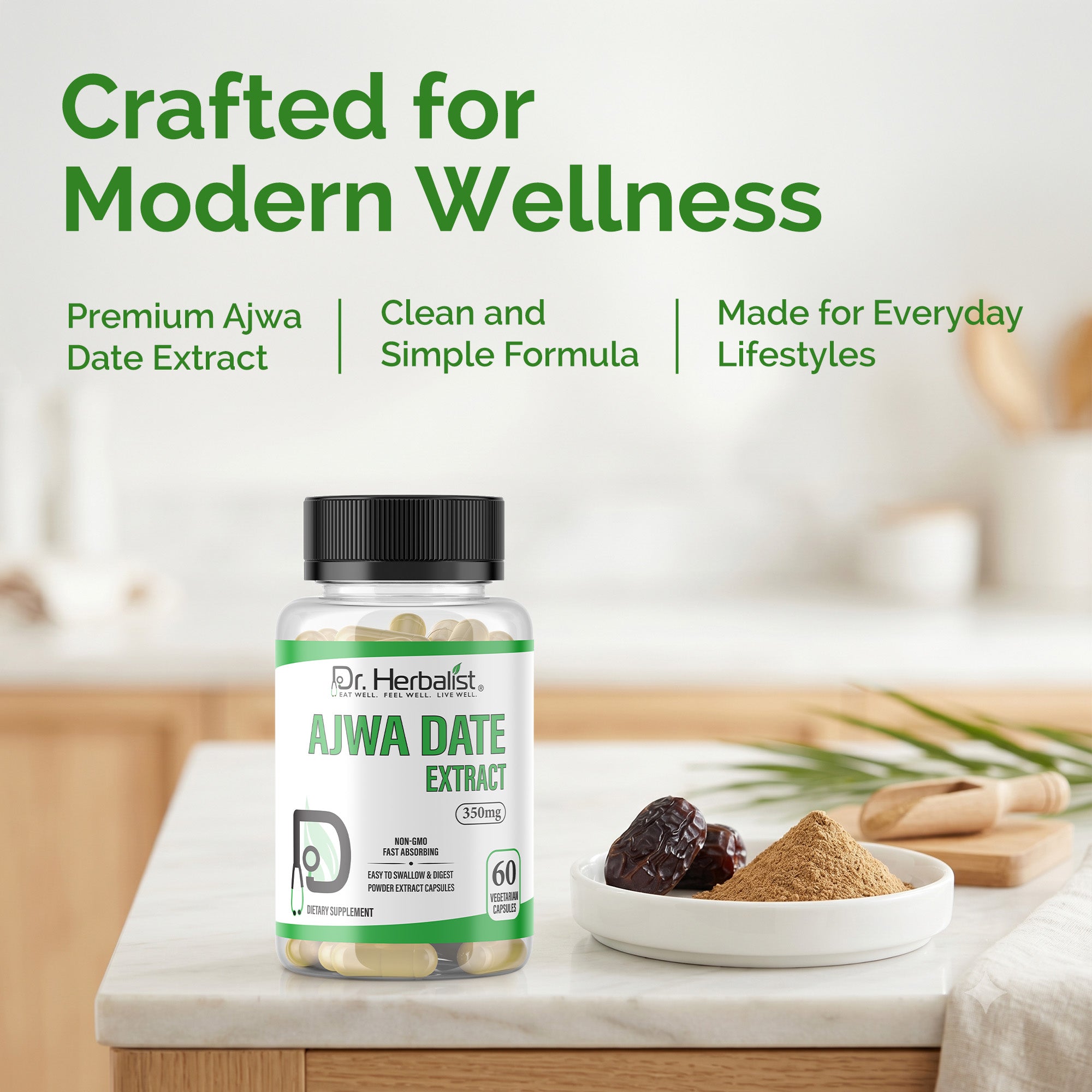 Dr. HERBALIST Ajwa Date Extract Capsules 350mg - Premium Phoenix Dactylifera from Madinah with Polyphenols & Flavonoids | Supports Heart Wellness & Nourishment* | Halal, Vegan | 60ct