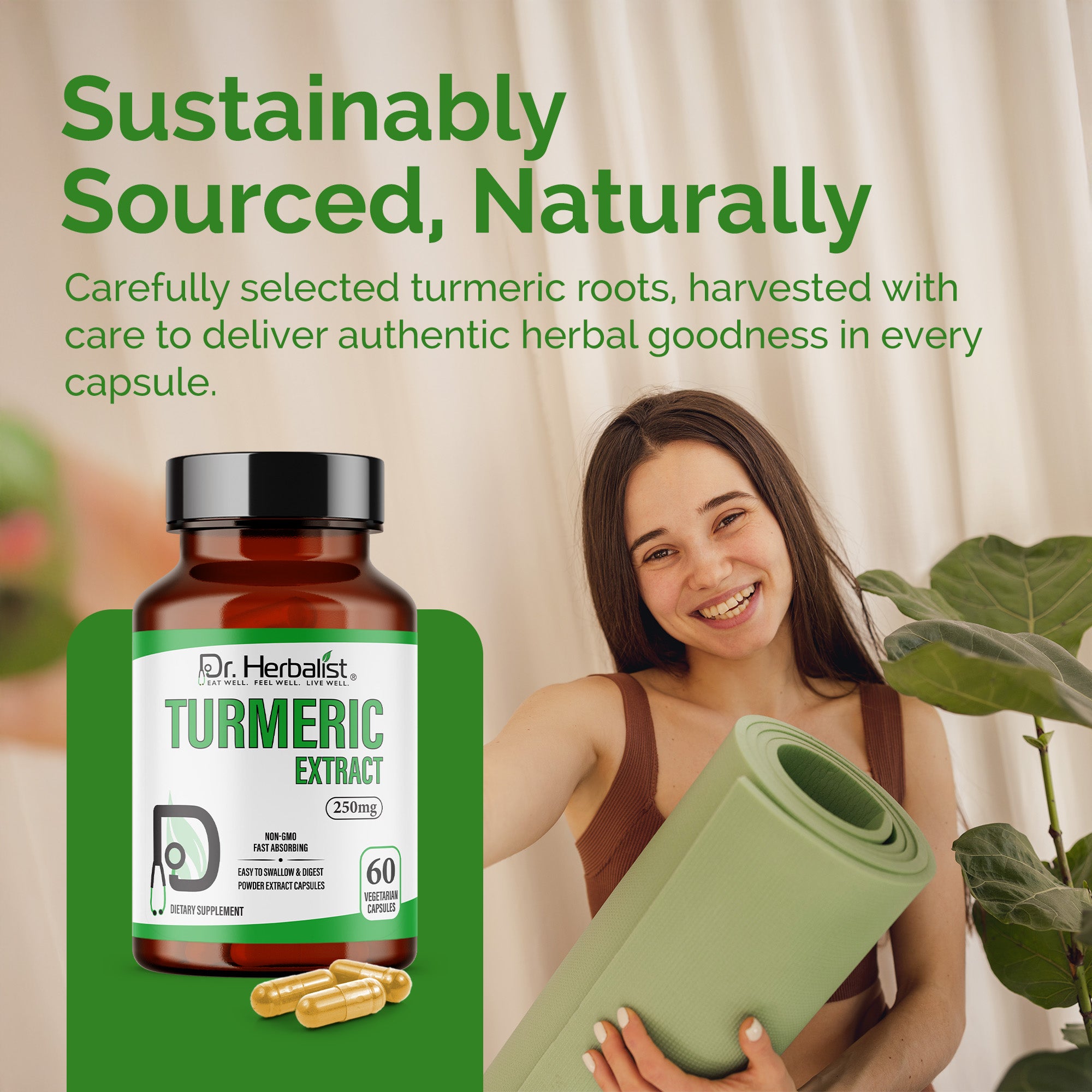 Dr. HERBALIST Turmeric Extract Capsules 250mg - Curcuma Longa Curcuminoid Concentrate | Supports Joint Comfort & Antioxidant Wellness* | Halal, Vegan | 60ct