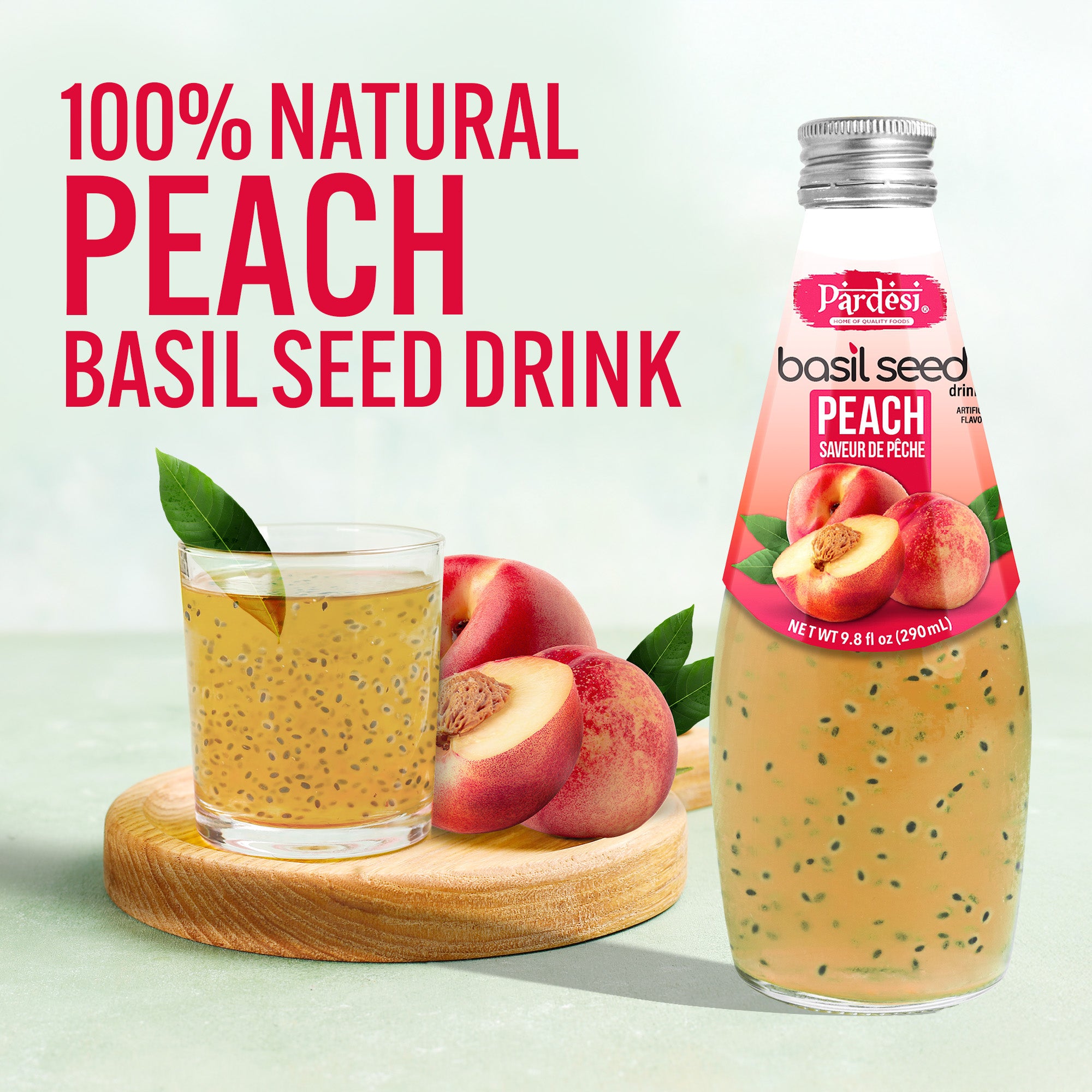 Pardesi Basil Seed Drink Peach Flavor  290ml 9.8 Fl Oz | Pack of 12 (117.6 FL Oz ) | Naturally Refreshing & Cooling | Rich in Antioxidants, Fiber & Omega-3 | Real Basil Seeds for Digestive Health & Hydration.