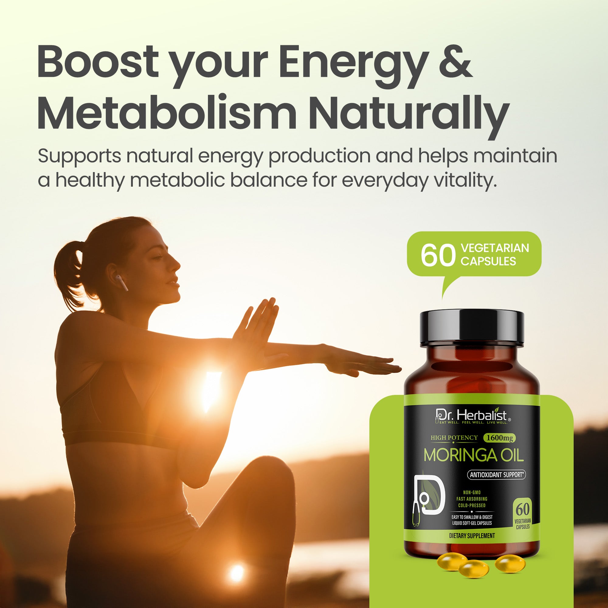Dr. HERBALIST Moringa Oil Capsules 1600mg - Cold Pressed Moringa Oleifera Seed Oil with Oleic Acid & Behenic Acid | Supports Skin Vitality & Nutritional Wellness* | Halal, Vegan | 60ct
