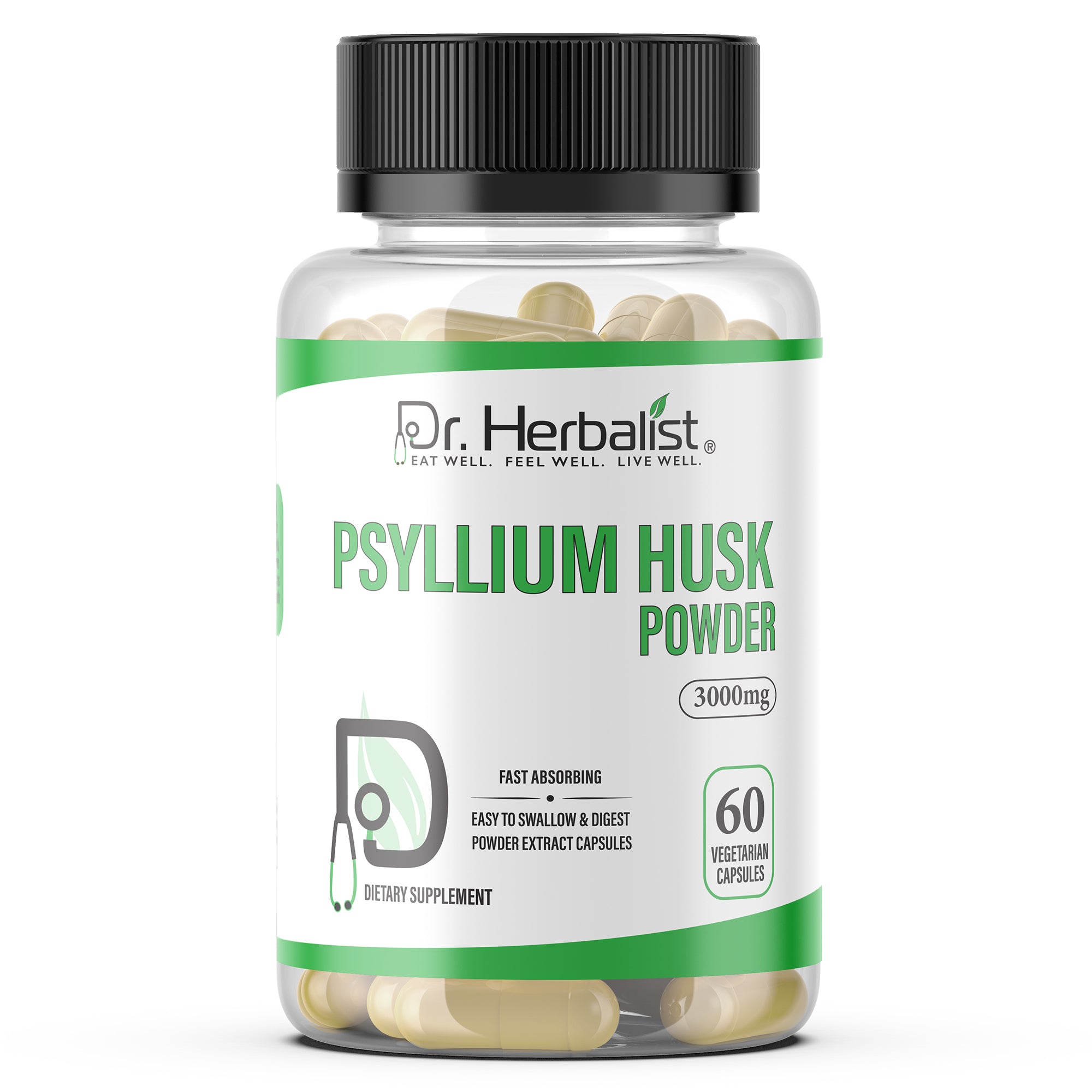 Dr. HERBALIST Psyllium Husk Extract Capsules - Plantago Ovata Soluble Fiber | Supports Digestive Regularity & Gut Wellness* | No Grit, No Mixing | Halal, Vegan | 60ct