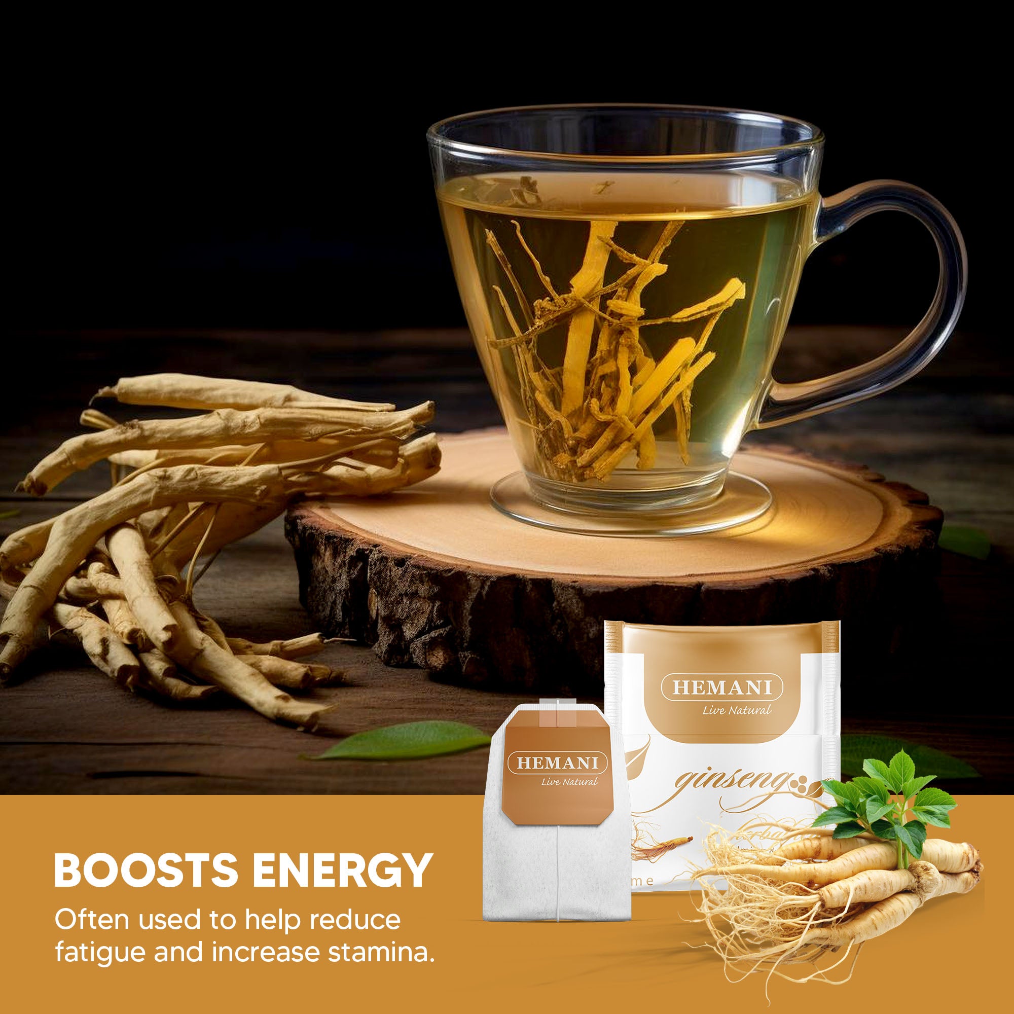 Hemani Ginseng Herbal Tea Panax ginseng - 20 Tea Bags | Pure, Natural & Revitalizing Brew | Promotes Energy, Clarity & Wellness.