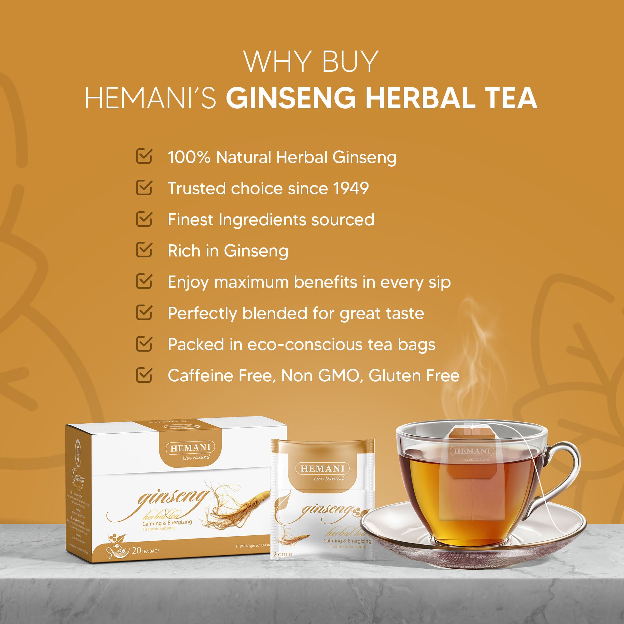 Hemani Ginseng Herbal Tea Panax ginseng - 20 Tea Bags | Pure, Natural & Revitalizing Brew | Promotes Energy, Clarity & Wellness.