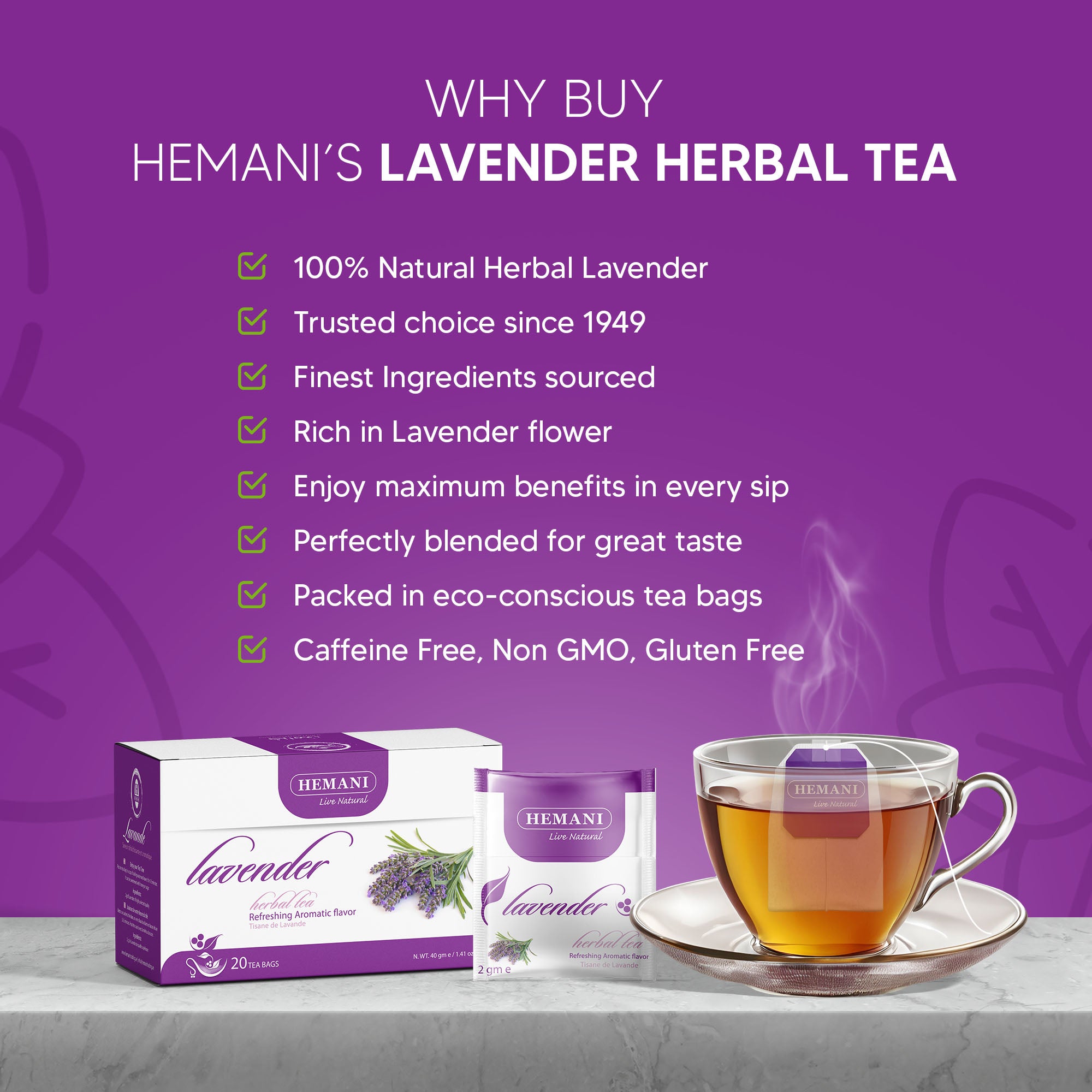 Hemani Lavender Tea - Lavandula Angustifolia (20 Tea Bags) - Soothing Herbal Bliss for Relaxation, Calm & Mindful Serenity, Natural Tranquility, Expertly Crafted for Self-Care.