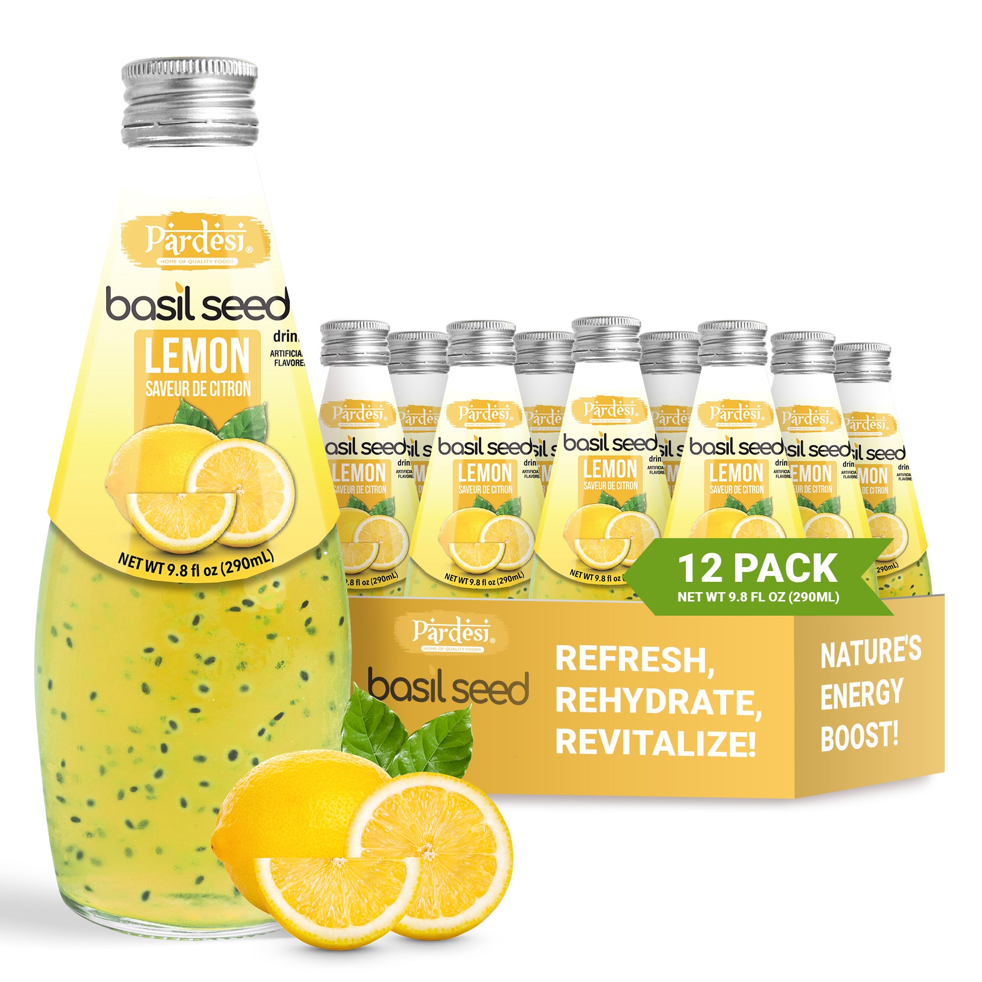 Pardesi Basil Seed Drink Lemon Flavor  290ml 9.8 Fl Oz | Pack of 12 (117.6 FL Oz ) | Naturally Refreshing & Cooling | Rich in Antioxidants, Fiber & Omega-3 | Real Basil Seeds for Digestive Health & Hydration.