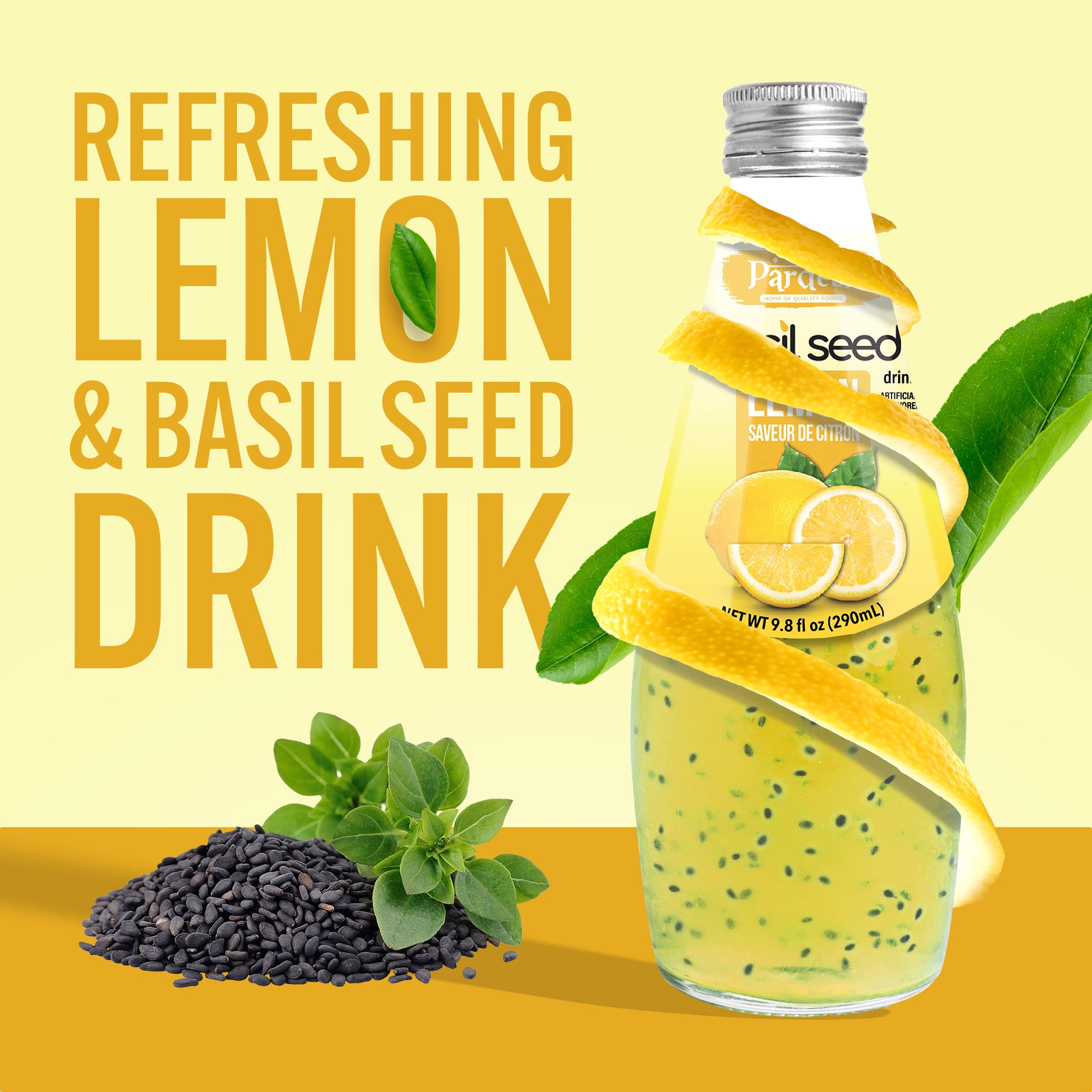 Pardesi Basil Seed Drink Lemon Flavor  290ml 9.8 Fl Oz | Pack of 12 (117.6 FL Oz ) | Naturally Refreshing & Cooling | Rich in Antioxidants, Fiber & Omega-3 | Real Basil Seeds for Digestive Health & Hydration.