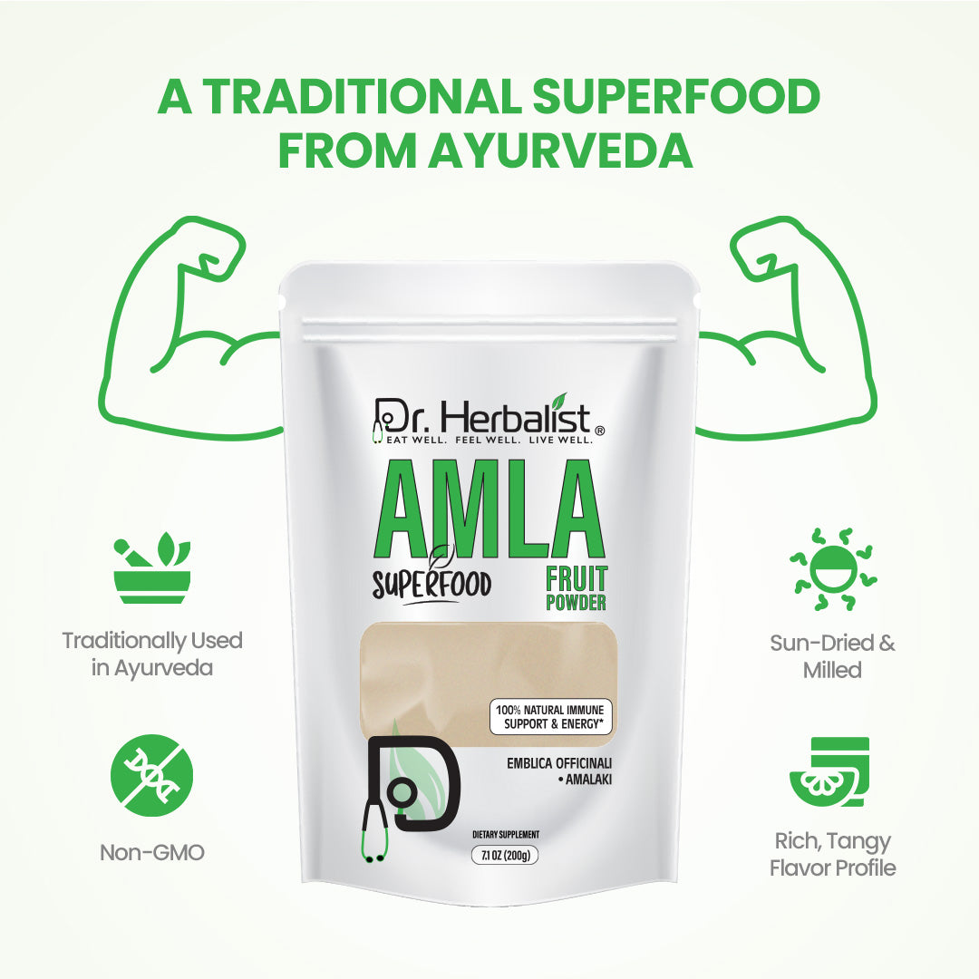 Dr. HERBALIST Amla Powder 200g - Pure Phyllanthus Emblica (Indian Gooseberry) with Heat-Stable Vitamin C | Supports Antioxidant Wellness Hair & Skin Vitality* | Halal, Vegan