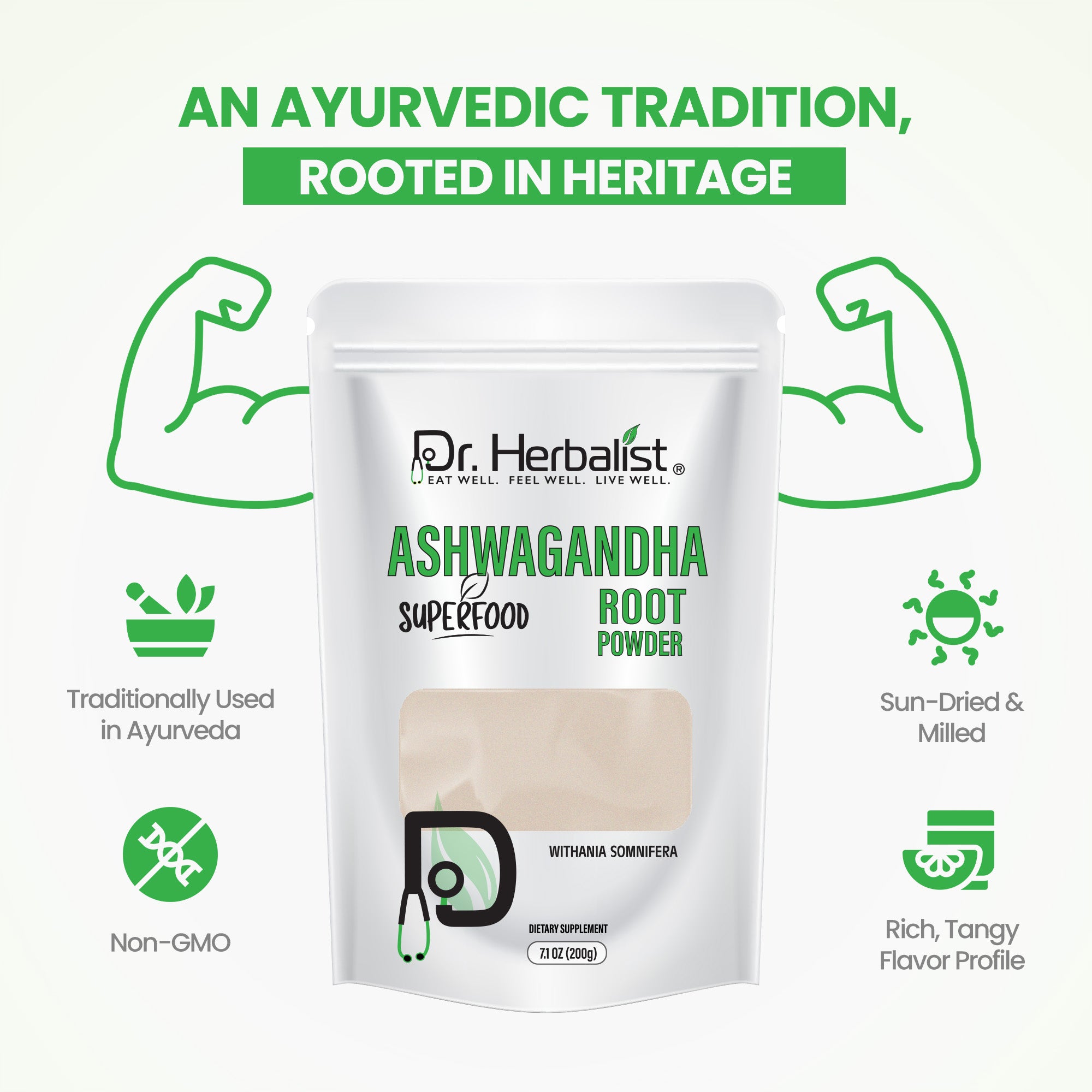 Dr. HERBALIST Ashwagandha Root Powder 200g - Pure Withania Somnifera for Traditional Preparation | Supports Calm Focus & Vitality* | Mix in Milk Smoothie or Tea | Halal, Vegan