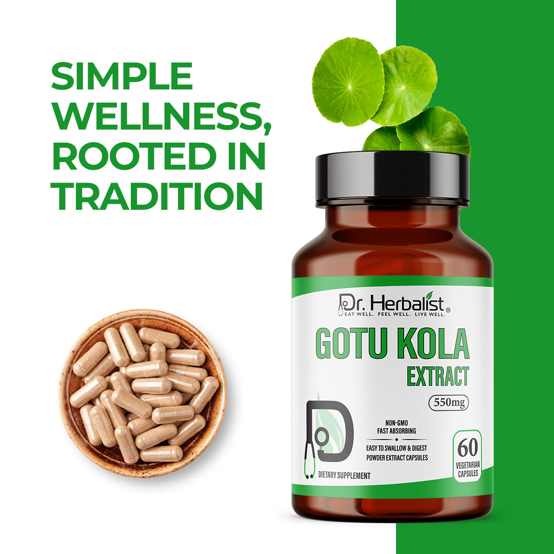 Dr. HERBALIST Gotu Kola Extract Capsules 550mg - Centella Asiatica with Asiaticoside & Triterpenoids | Supports Cognitive Function & Skin Wellness* | Halal, Vegan | 60ct