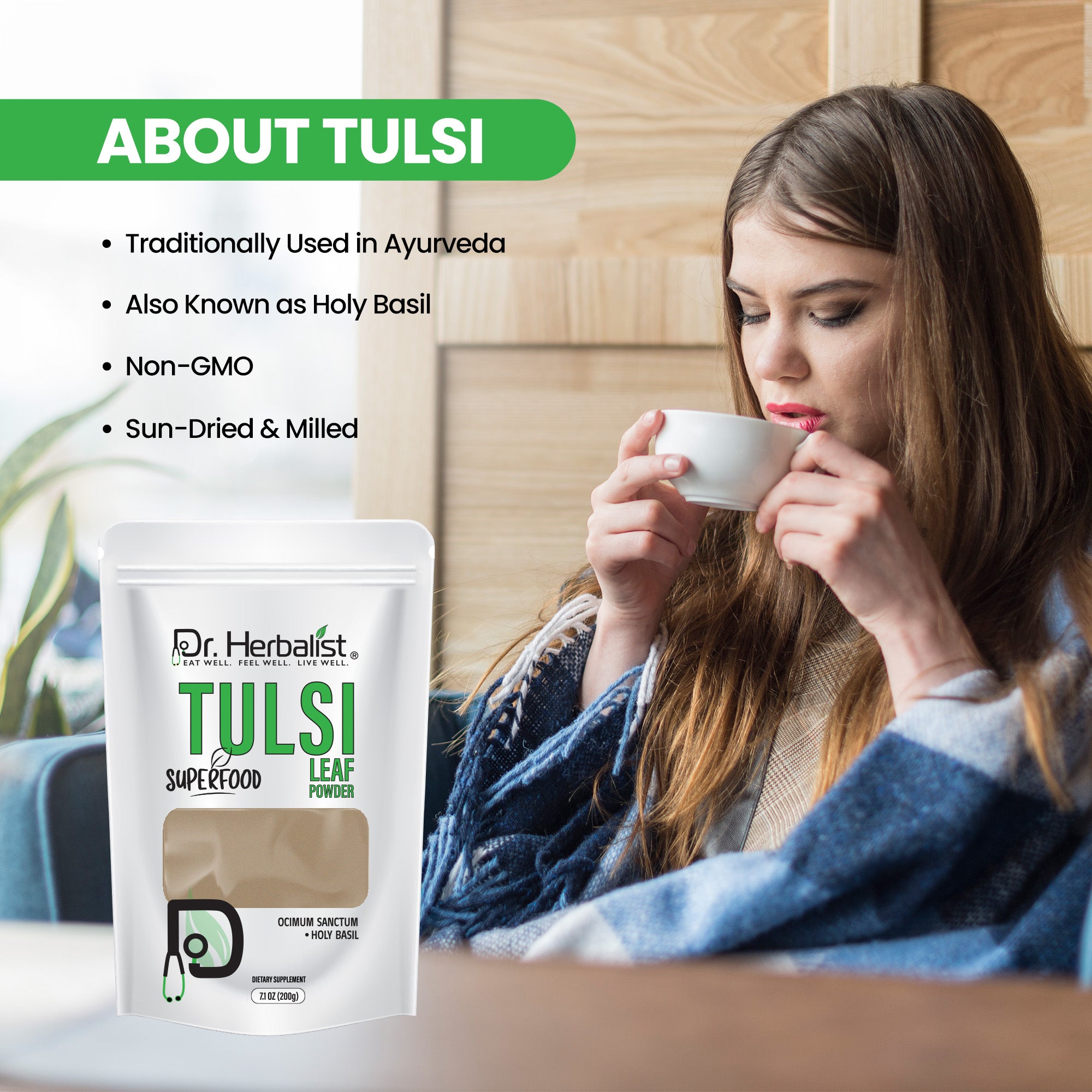Dr. HERBALIST Tulsi Powder 200g - Pure Ocimum Tenuiflorum (Holy Basil) with Eugenol & Rosmarinic Acid | Supports Respiratory Wellness Stress Relief & Immunity* | Halal, Vegan
