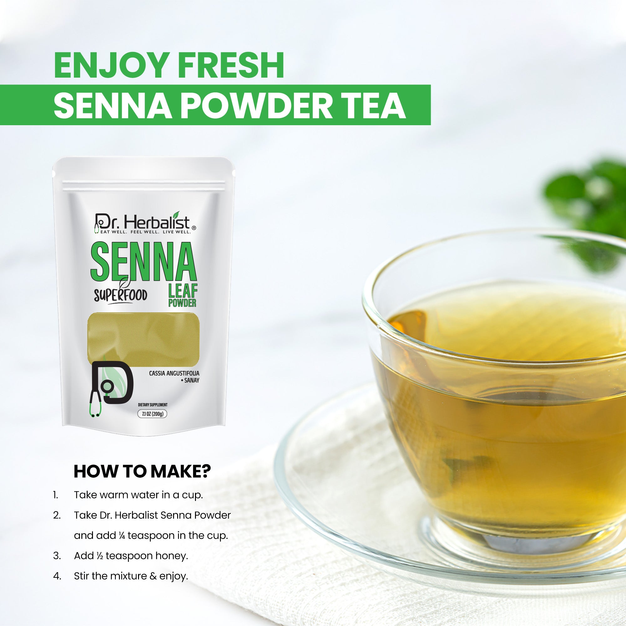 Dr. HERBALIST Senna Powder 200g - Pure Senna Alexandrina Leaf with Sennosides | Supports Occasional Digestive Regularity* | Short-Term Use Only | Halal, Vegan