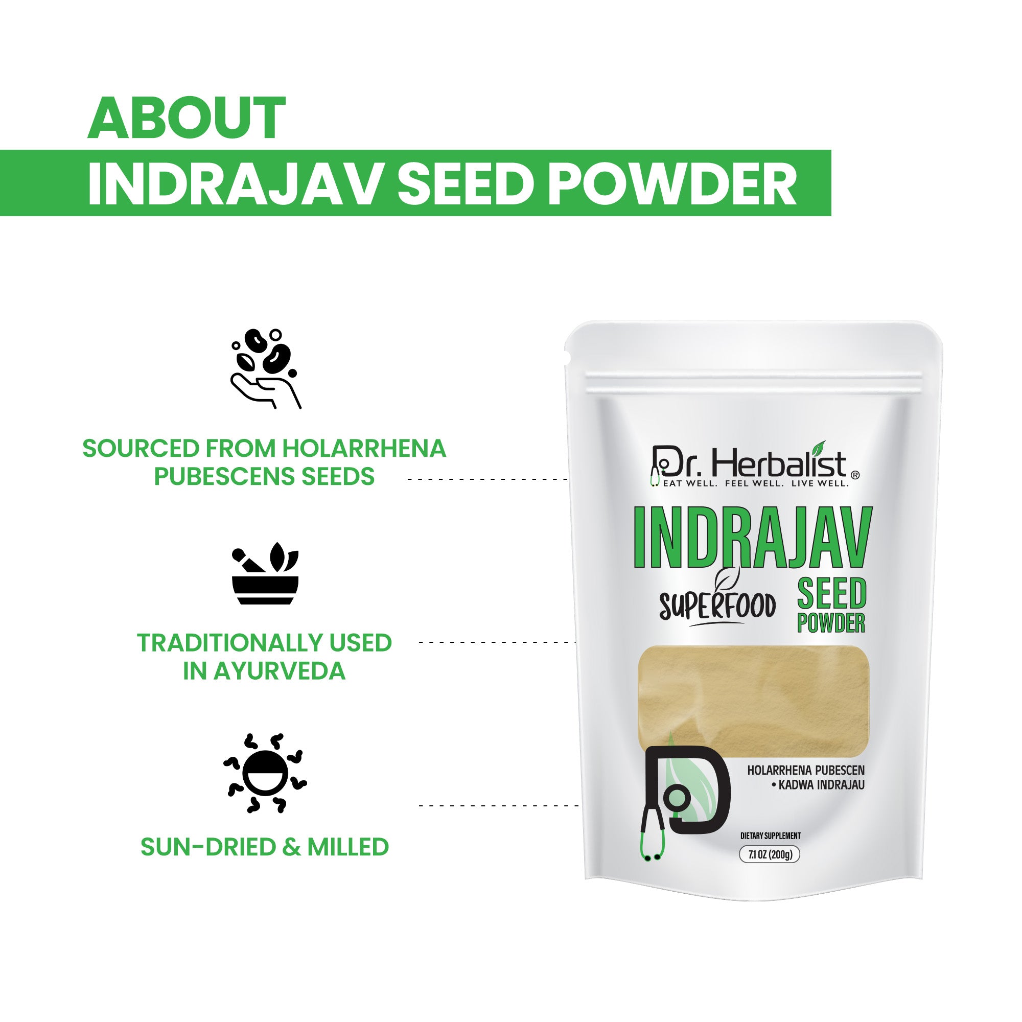 Dr. HERBALIST Inderju Powder 200g - Pure Wrightia Tinctoria (Sweet Indrajao) | Supports Skin Wellness & Traditional Topical Care* | Ayurvedic Dermatological Herb | Halal, Vegan