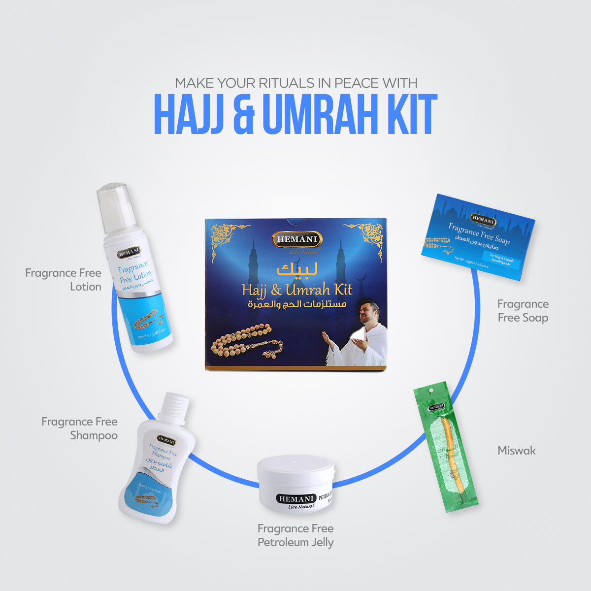 HEMANI Hajj & Umrah Kit 5 in 1 - Fragrance Free Soap, Gel, Shampoo, Lotion, Miswak