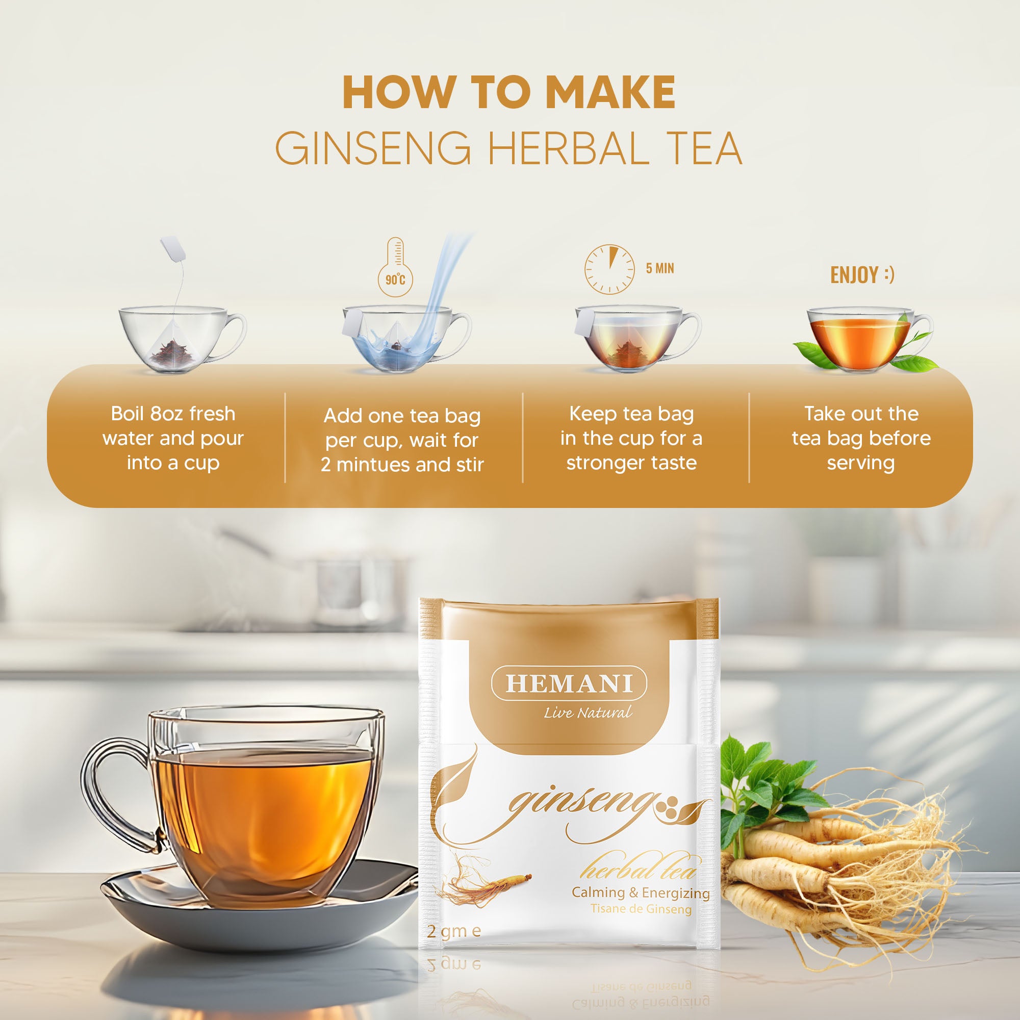 Hemani Ginseng Herbal Tea Panax ginseng - 20 Tea Bags | Pure, Natural & Revitalizing Brew | Promotes Energy, Clarity & Wellness.