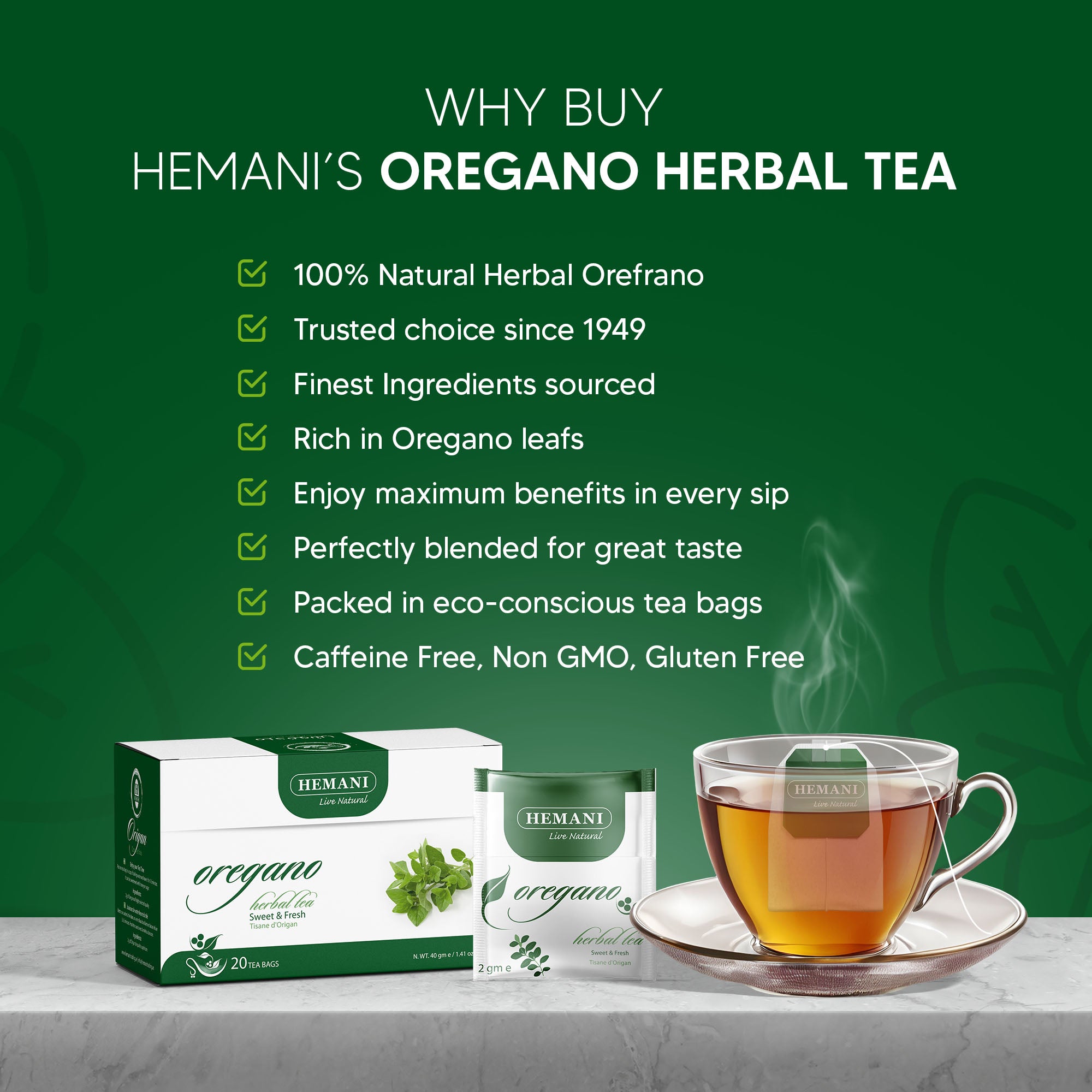 Hemani Oregano Herbal Tea (Origanum vulgare) - 20 Tea Bags | Natural Refreshment, Soothing & Immunity Boosting Brew | Promotes Relaxation & Wellness.