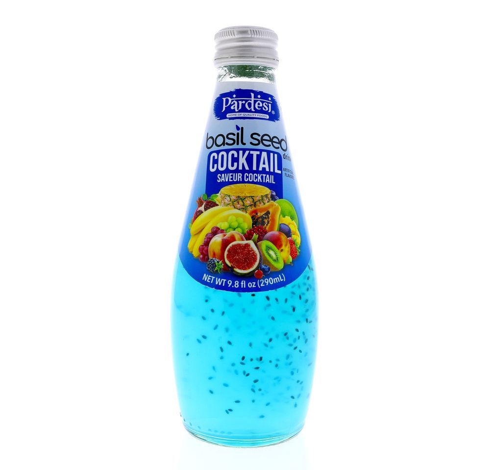 Pardesi Cocktail Flavor Basil Seed Drink 290mL — Refreshing Cocktail Flavor Beverage with Real Basil Seeds | Halal, Non-GMO, Vegan | Ready to Drink